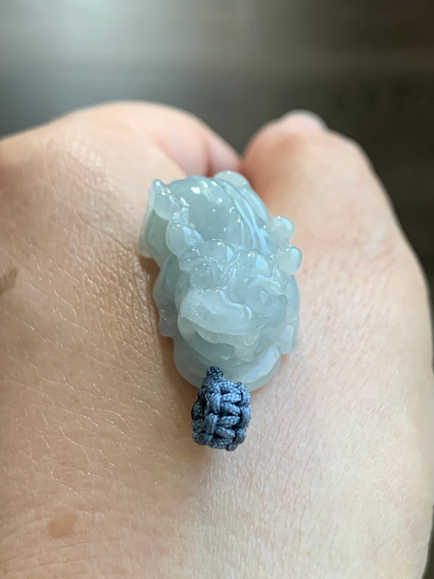 Natural Grade A Icy Translucent Gelatinous Pastel Dusty Blue Jadeite Pixiu Pendant Rope Bail with Black Cord Necklace 11g 天然冰胶淡蓝翡翠貔貅吊坠