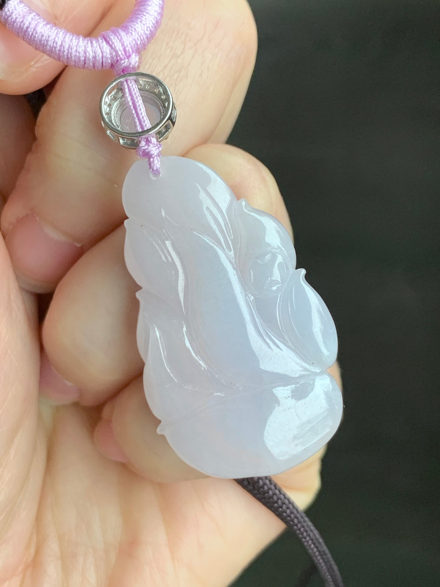 Certified Natural Grade A Icy Translucent Pastel Pinkish Purple Jadeite Carved Nine-Tailed Fox Pendant Rope Necklace 27” 天然冰胶淡粉紫翡翠九尾狐吊坠 3269