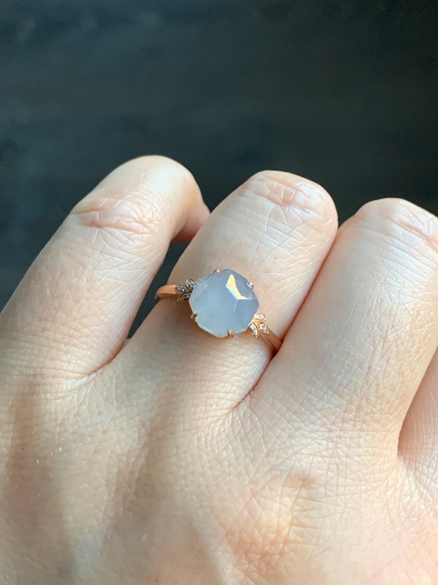 Certified Grade A Natural Icy Translucent Light Purple Jadeite Faceted Cabochon Ring 18K Rose Gold Diamonds Size 7 US 2.26g 天然冰紫翡翠切割面镶嵌钻石戒指