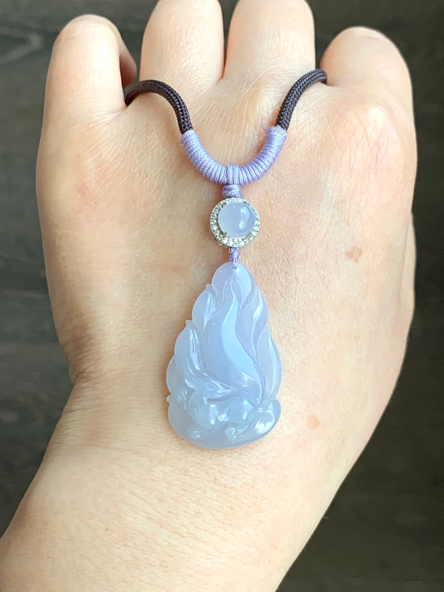 Certified Natural Icy Translucent Gelatinous Soft Purple Jadeite Carved Nine-Tailed Fox Pendant Rope Necklace 26" 天然冰胶淡紫翡翠九尾狐吊坠 3270