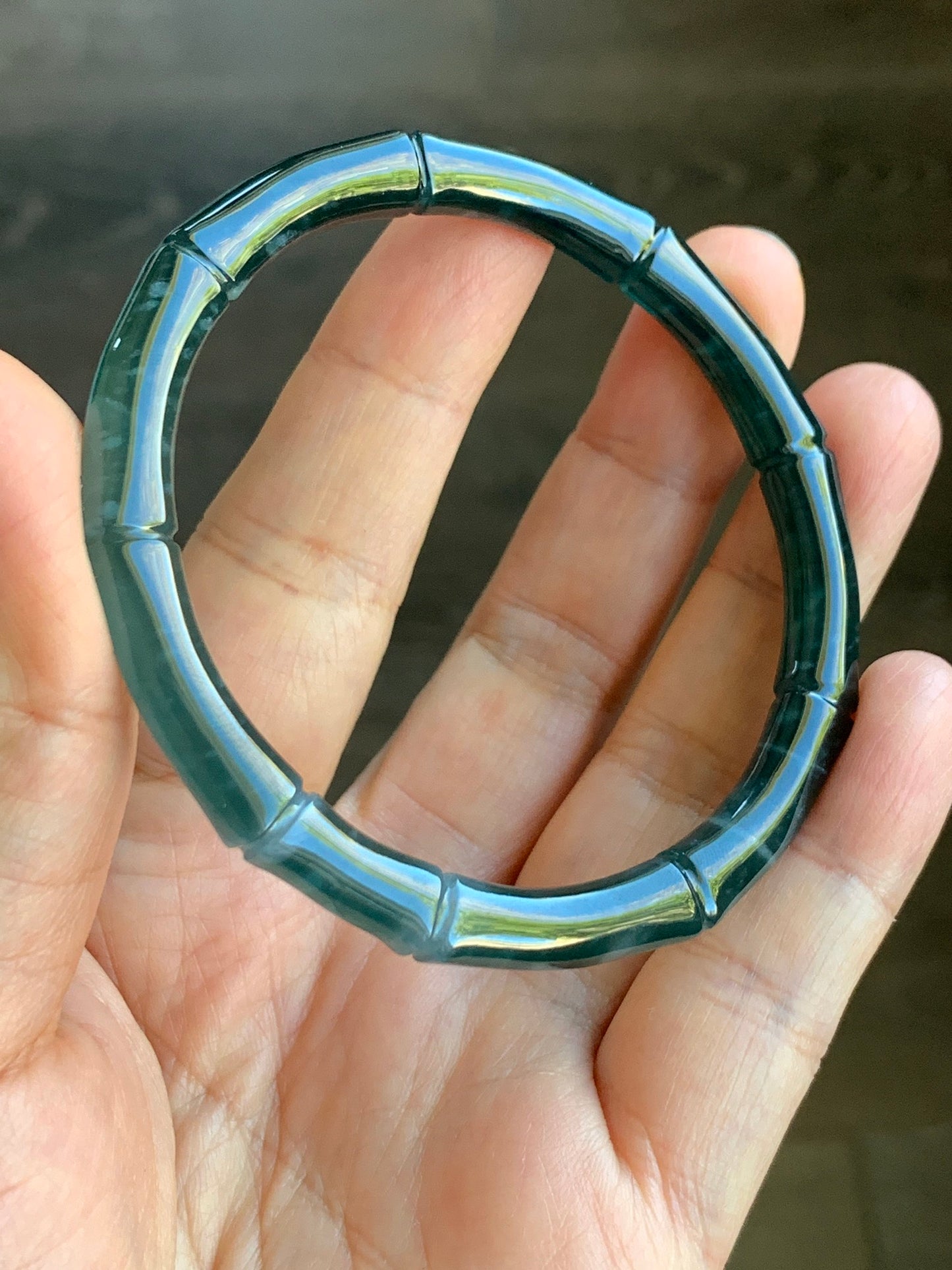Natural Grade A Icy Translucent Gelatinous Dark Teal Green Jadeite Carved Bamboo Bangle Bracelet 56.6mm 7” 20g 天然冰危深篮绿翡翠竹节手镯 ZJ480-3