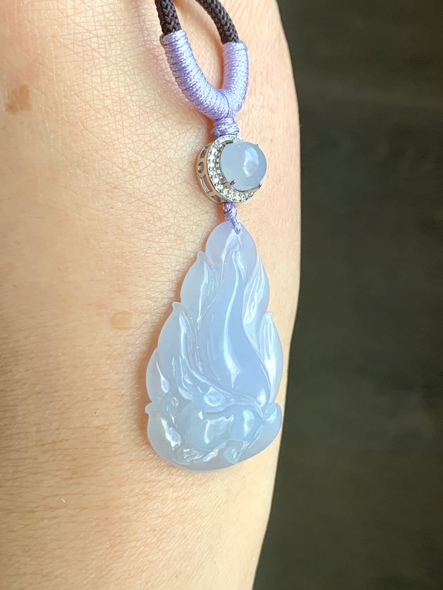 Certified Natural Icy Translucent Gelatinous Soft Purple Jadeite Carved Nine-Tailed Fox Pendant Rope Necklace 26" 天然冰胶淡紫翡翠九尾狐吊坠 3270