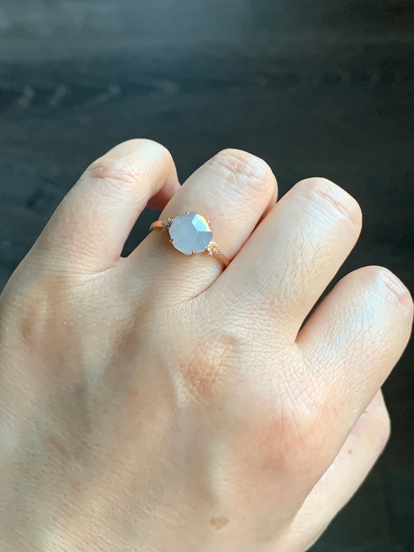 Certified Grade A Natural Icy Translucent Light Purple Jadeite Faceted Cabochon Ring 18K Rose Gold Diamonds Size 7 US 2.26g 天然冰紫翡翠切割面镶嵌钻石戒指