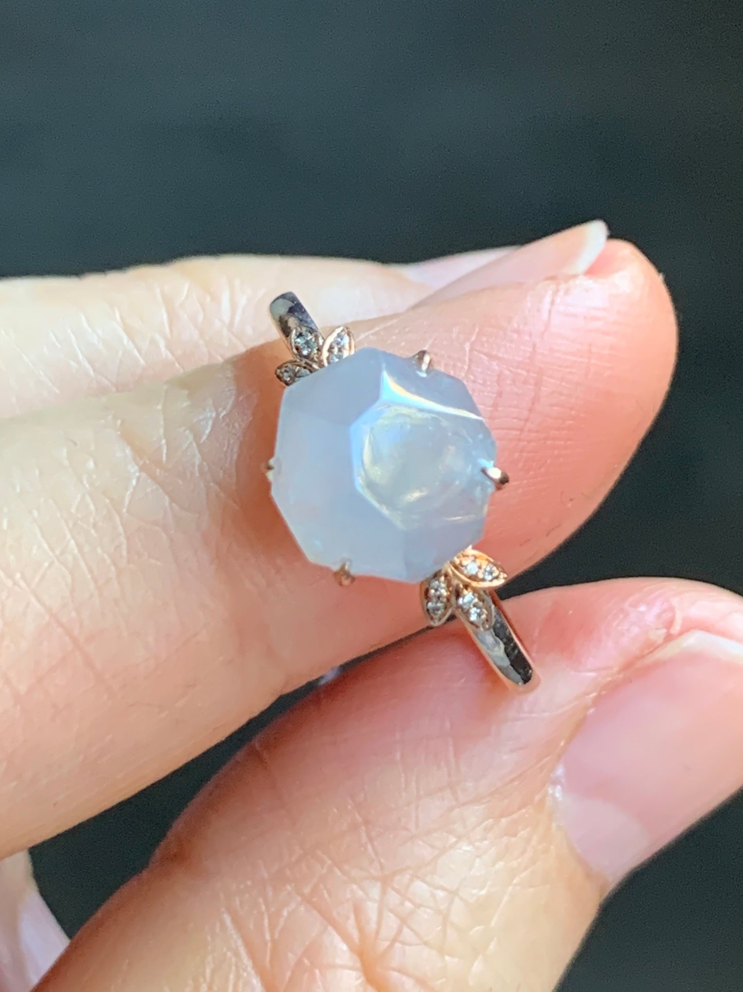Certified Grade A Natural Icy Translucent Light Purple Jadeite Faceted Cabochon Ring 18K Rose Gold Diamonds Size 7 US 2.26g 天然冰紫翡翠切割面镶嵌钻石戒指