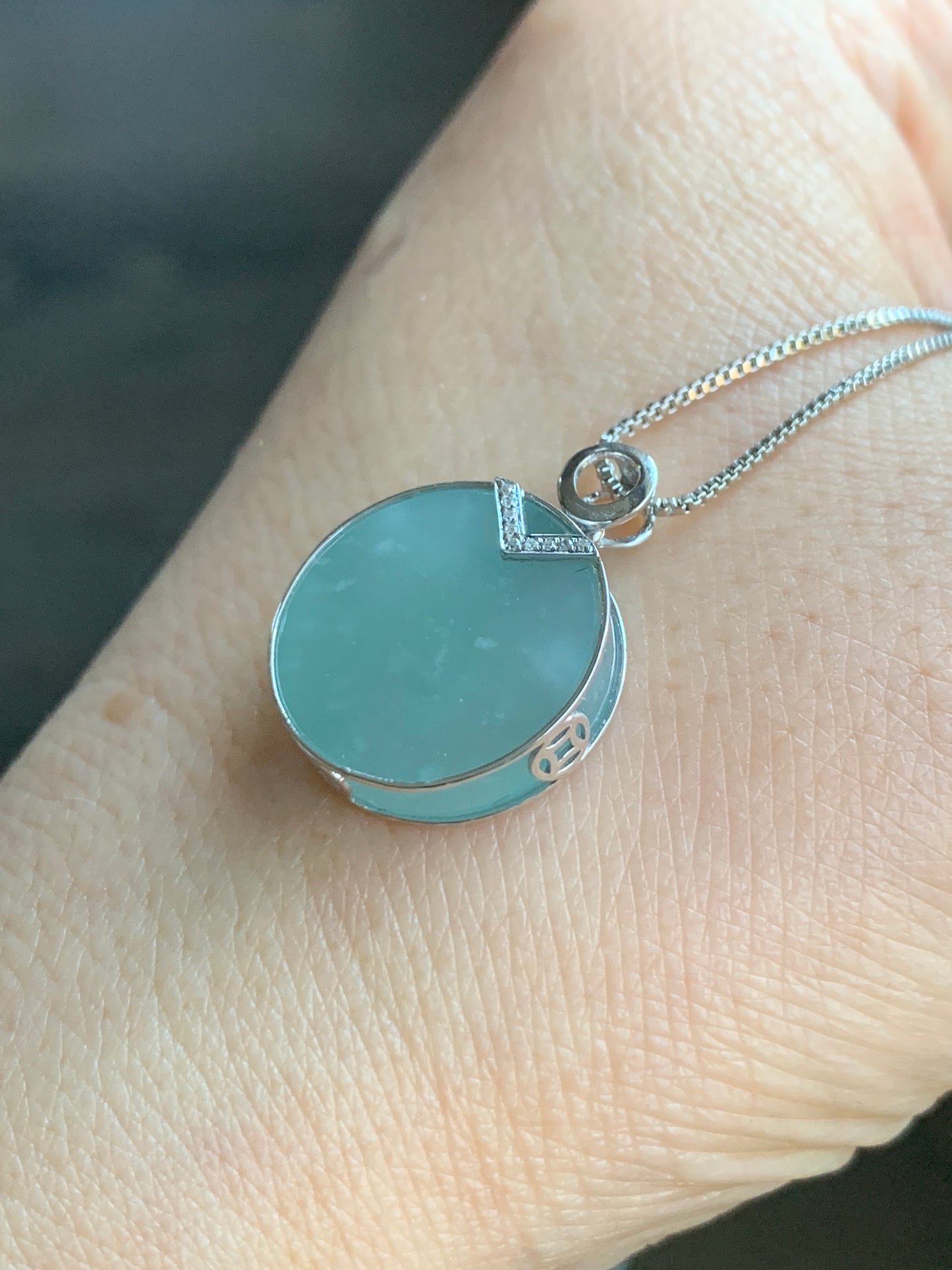 Certified Natural Guatemalan Premium Sky Blue Jadeite Circle Blessing Amulet Pendant Wu Shi Pai 18K White Gold & Diamonds 天然翡翠冰危蓝无事牌K金钻石镶嵌吊坠