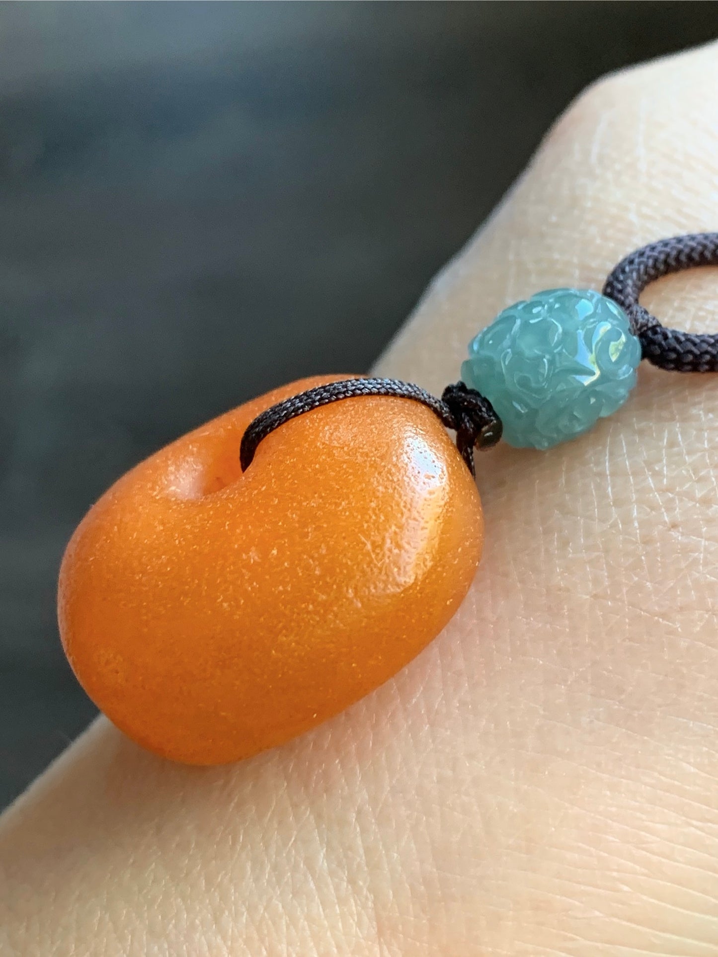 Natural Beewax Amber Large Square Donut Natural Guatemalan Light Dusty Blue Engraved Barrel Bead Necklace Sterling Silver