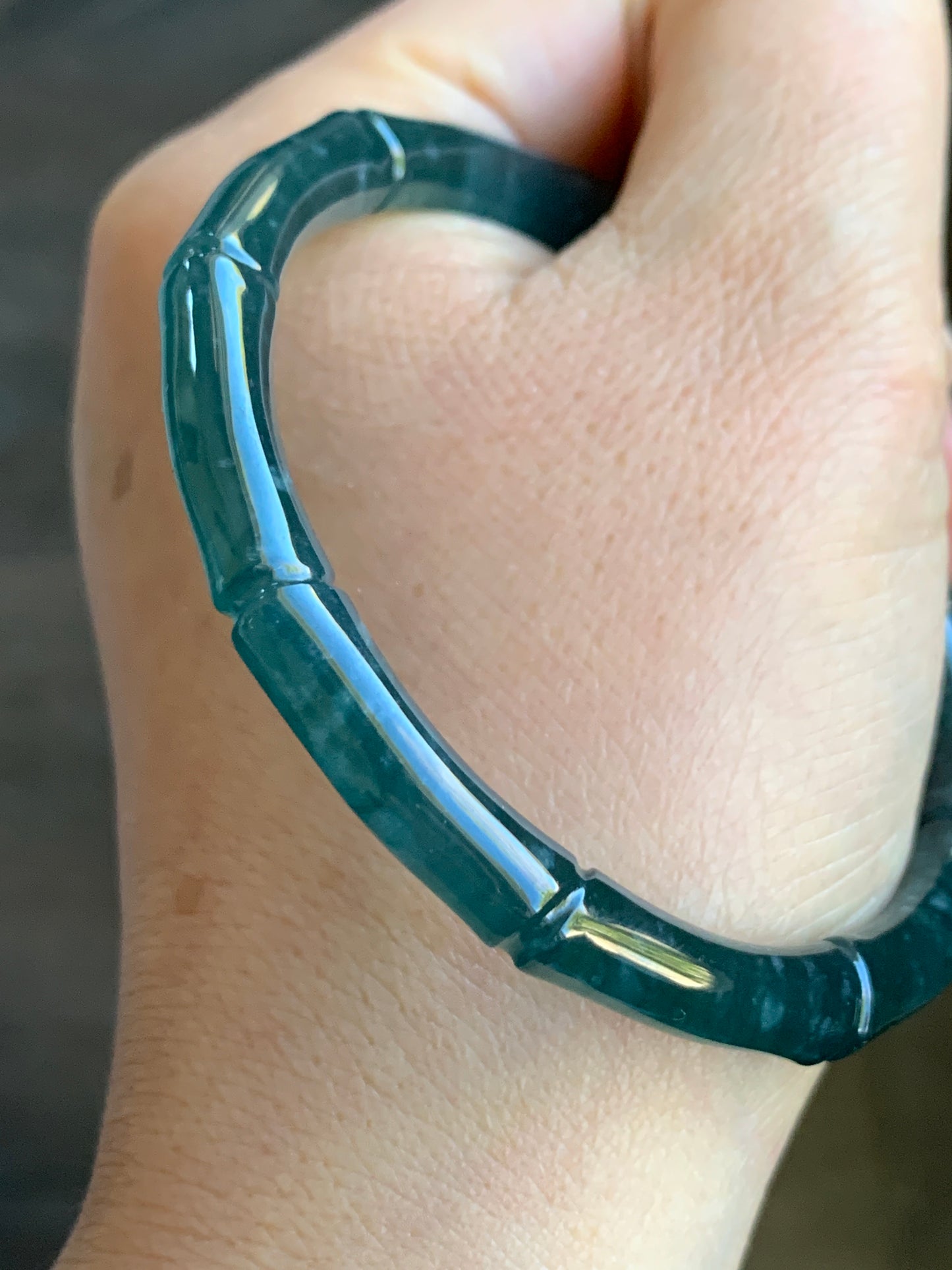 Natural Grade A Icy Translucent Gelatinous Dark Teal Green Jadeite Carved Bamboo Bangle Bracelet 57.2mm 7” 21g 天然冰危深篮绿翡翠竹节手镯 ZJ600-2