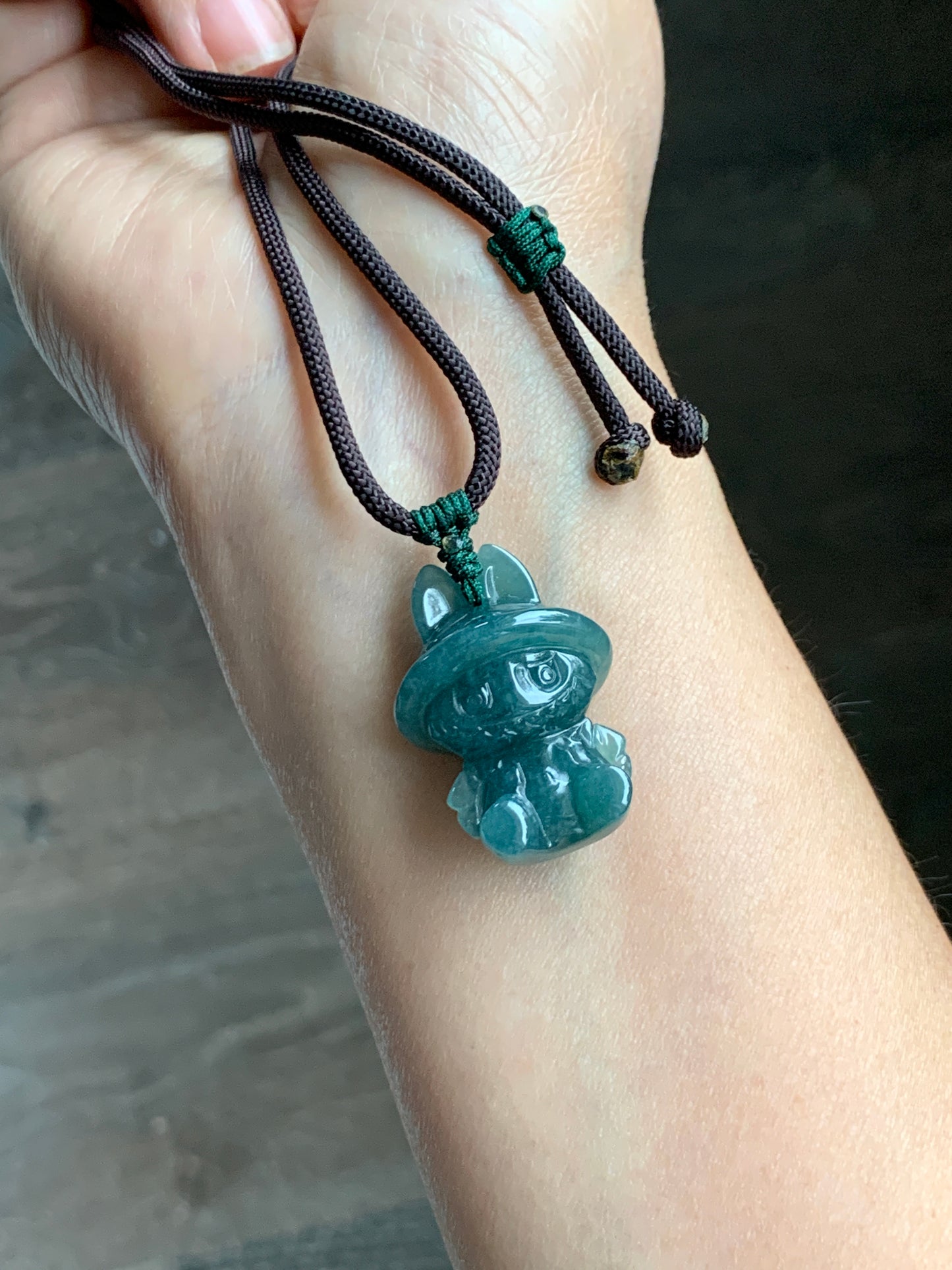 Natural Grade A Guatemalan Icy Translucent Gelatinous Dark Teal Blue Jade Jadeite Carved Labubu Pendant Rope Necklace 26” 天然冰胶危深蓝绿翡翠拉布布吊坠 LBB88