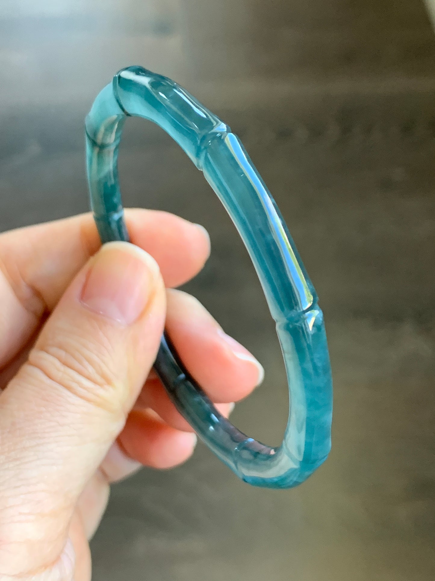 Natural Grade A Icy Translucent Gelatinous Dark Teal Green Jadeite Carved Bamboo Bangle Bracelet 56.7mm 7” 19g 天然冰危深篮绿翡翠竹节手镯 ZJ600-3