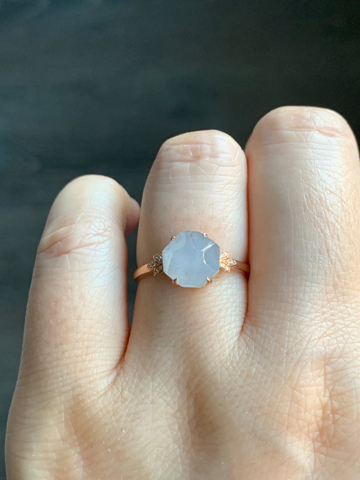 Certified Grade A Natural Icy Translucent Light Purple Jadeite Faceted Cabochon Ring 18K Rose Gold Diamonds Size 7 US 2.26g 天然冰紫翡翠切割面镶嵌钻石戒指
