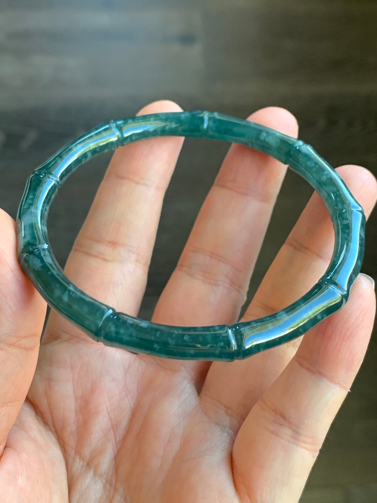 Certified Natural Grade A Icy Translucent Gelatinous Dark Teal Green Jadeite Carved Bamboo Bangle Bracelet 60.7mm 7.5” 21g 天然冰危深篮绿翡翠竹节手镯 7829