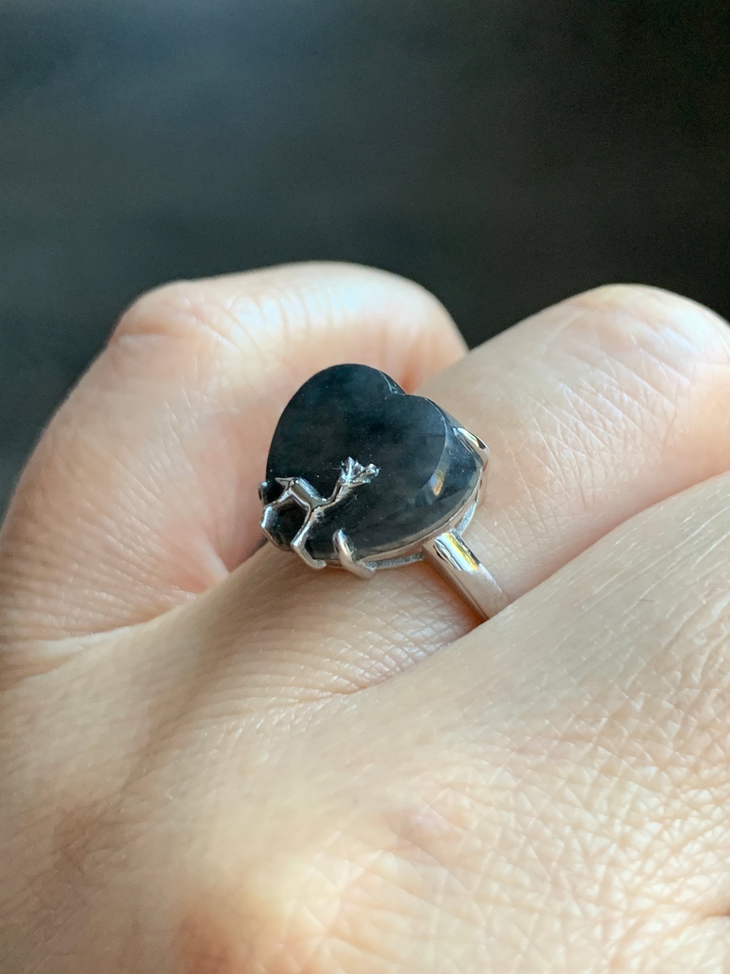 Certified Natural Grade A Premium Icy Translucent Dark Wuji Jadeite Heart Ring w/ Deer Design 18K White Gold Sz 7 3.04g 天然冰乌鸡翡翠爱心小鹿镶嵌戒指 3887