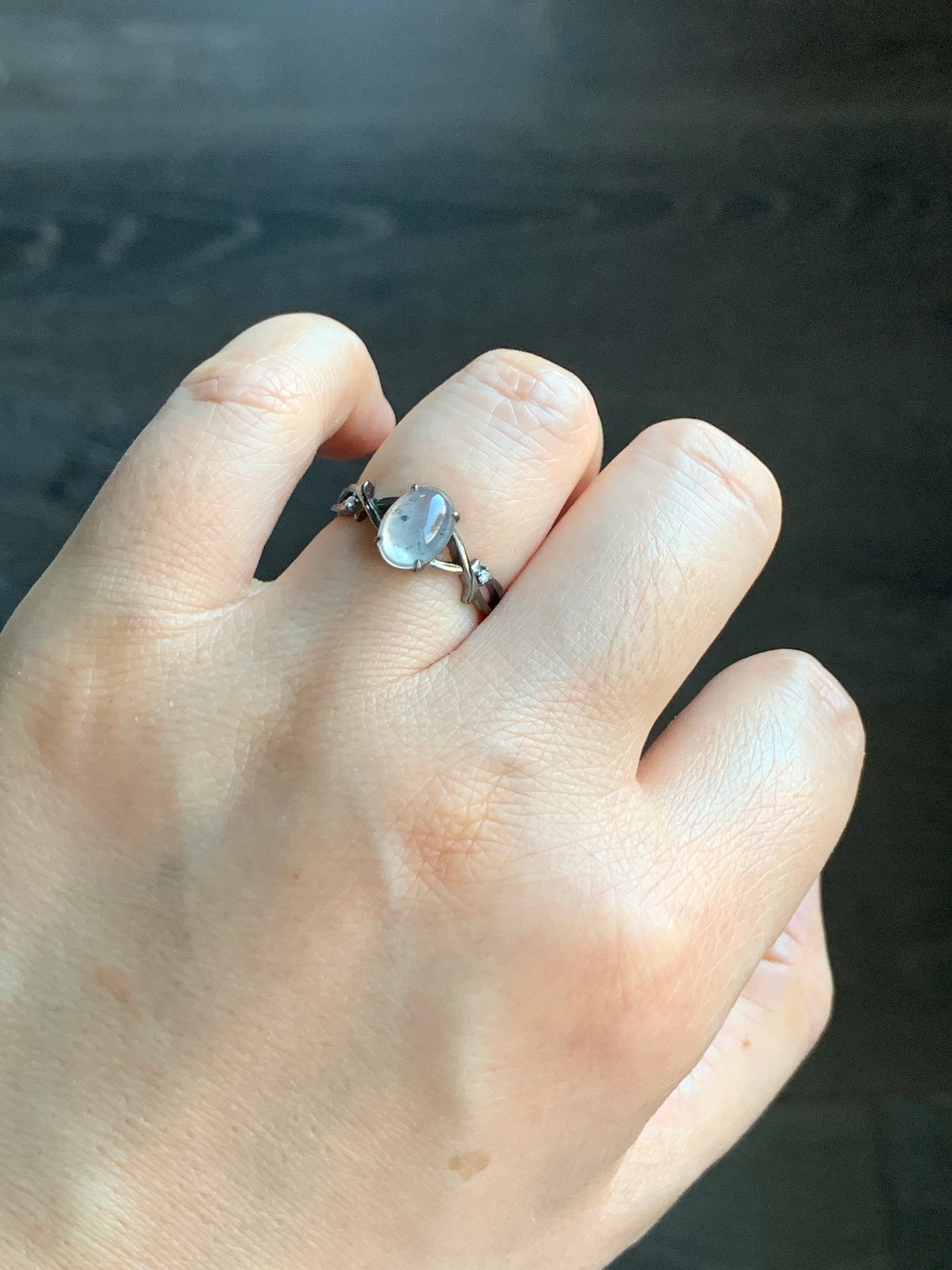 Certified Natural Grade A Premium Icy Transparent Wuji Marbled Jadeite Oval Solitaire Ring 18K Black Gold Diamonds Size 6.75 US 天然起光冰乌鸡翡翠黑金钻石戒指