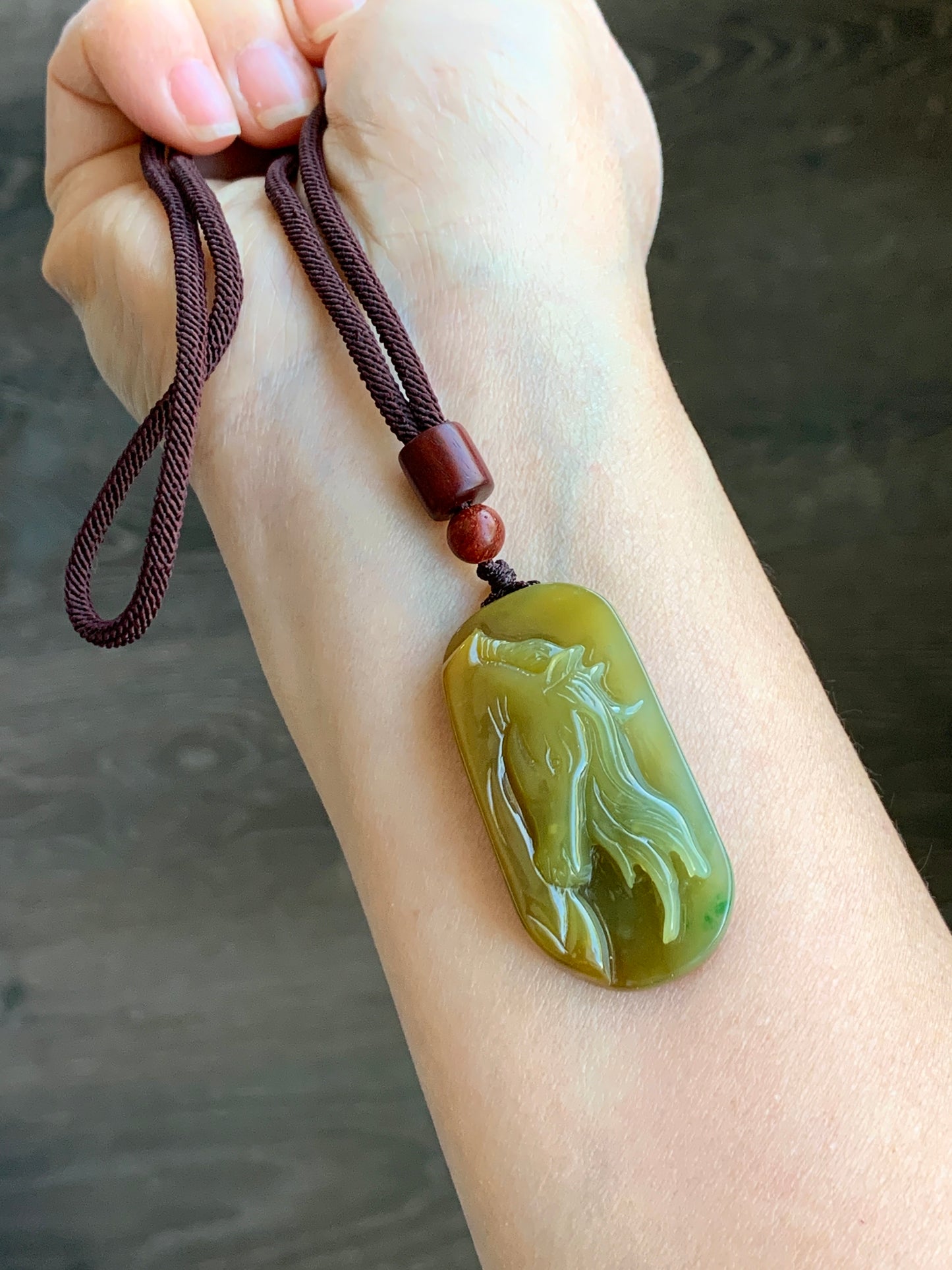 Stunning Natural Guatemalan grade A Icy Translucent Intense Yellow Jadeite w/ Green Marbling Horse Pendant Rope Necklace 天然冰危浓黄飘绿翡翠马牌吊坠挂件