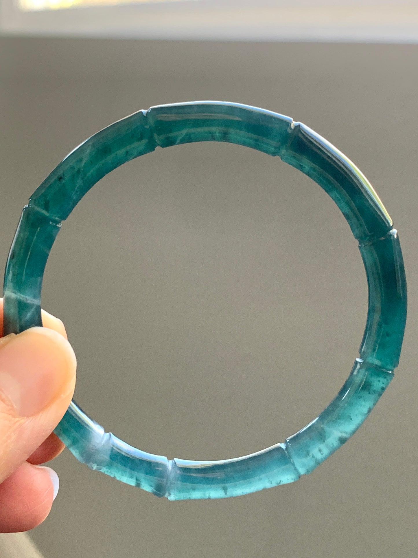 Natural Grade A Icy Translucent Gelatinous Dark Teal Green Jadeite Carved Bamboo Bangle Bracelet 56.6mm 7” 20g 天然冰危深篮绿翡翠竹节手镯 ZJ480-3