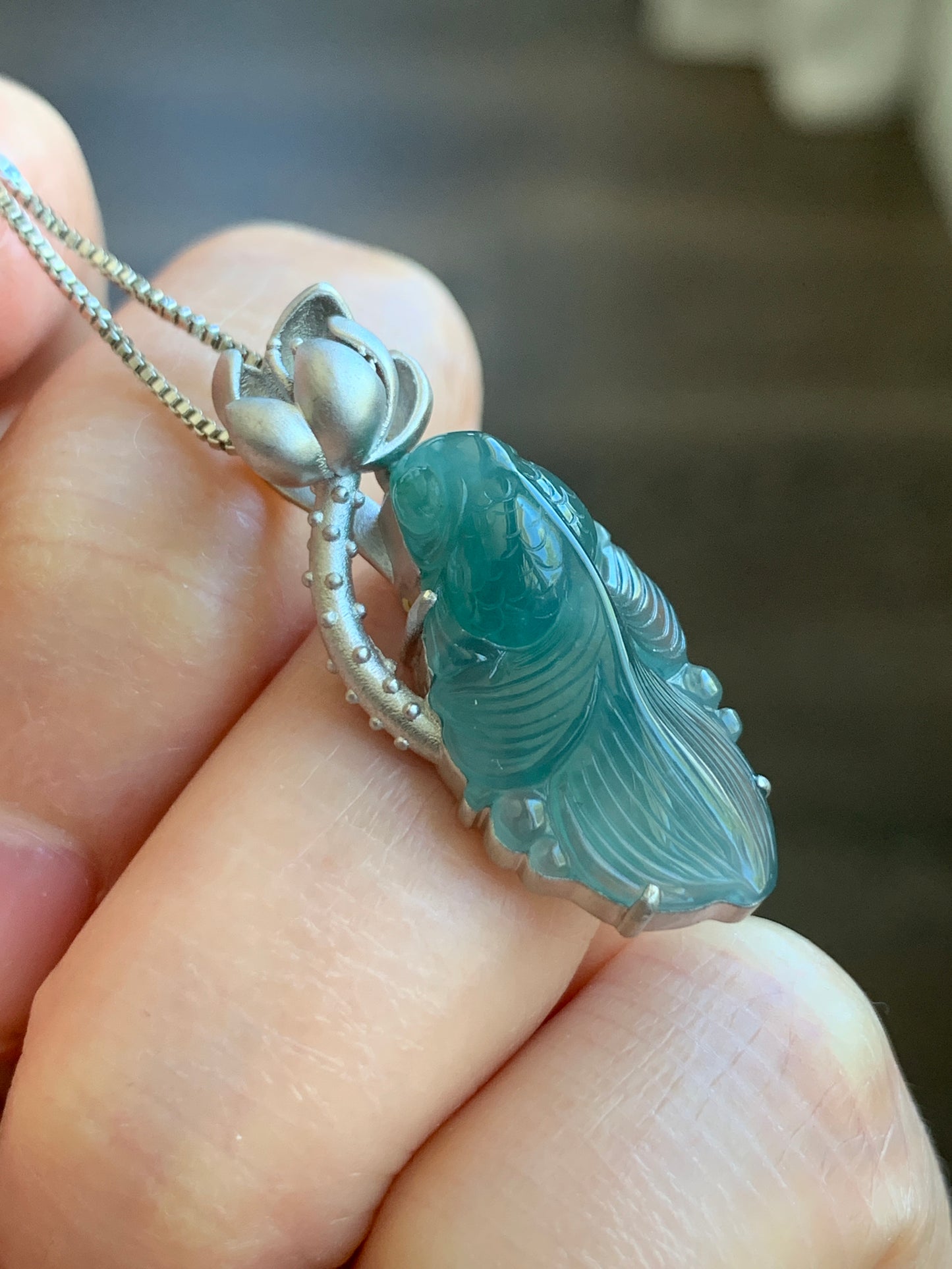 Certified Natural Guatemalan Premium Icy Highly Translucent Dark Teal Blue Jade Jadeite Goldfish Pendant Sterling Silver 天然冰危湖水蓝翡翠金鱼镶嵌吊坠 8618