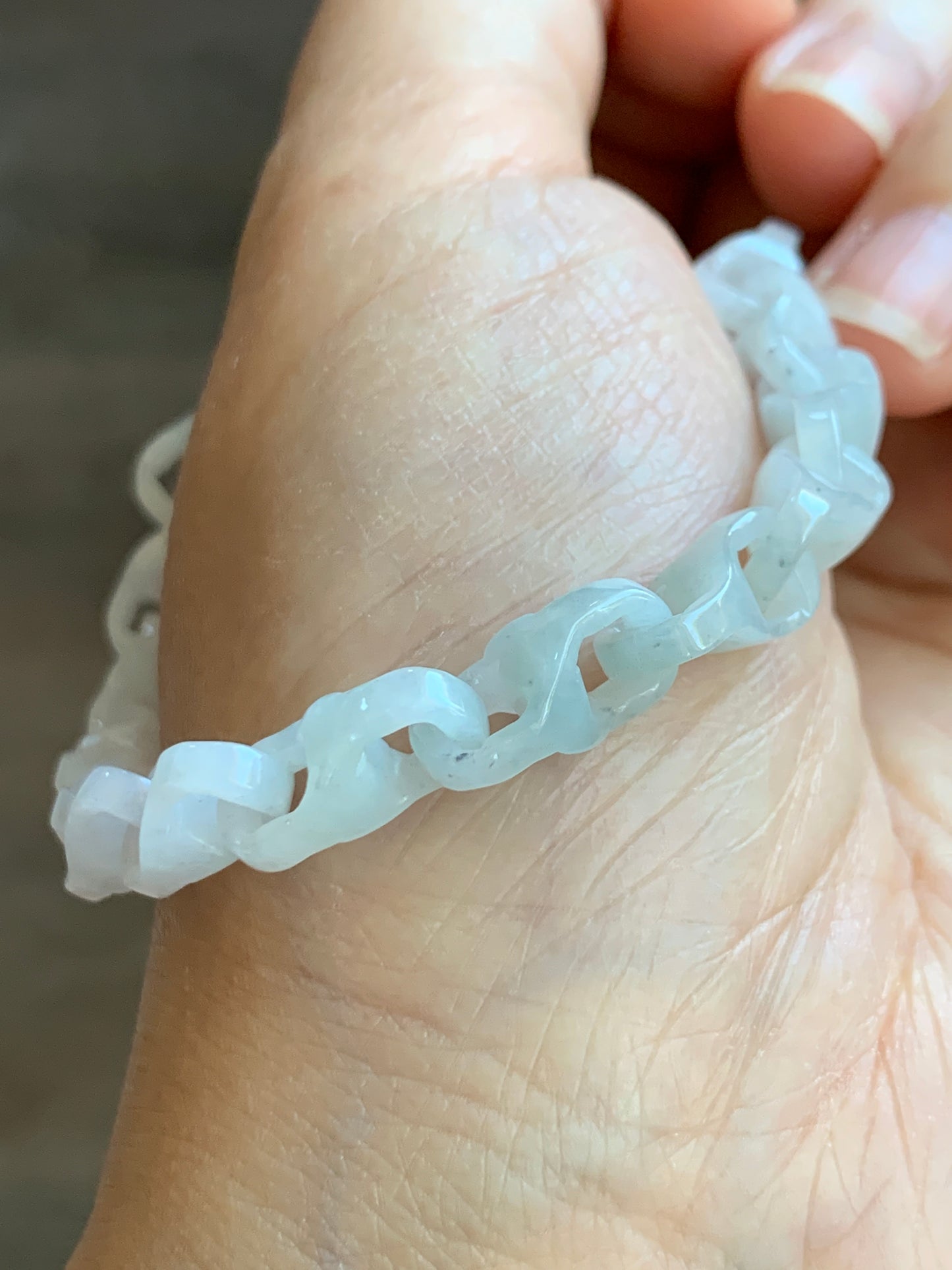 Natural Grade A Icy Translucent White Jade Jadeite Carved Interlocking Dragon Bone Chain Bracelet Sterling Silver Adjustable