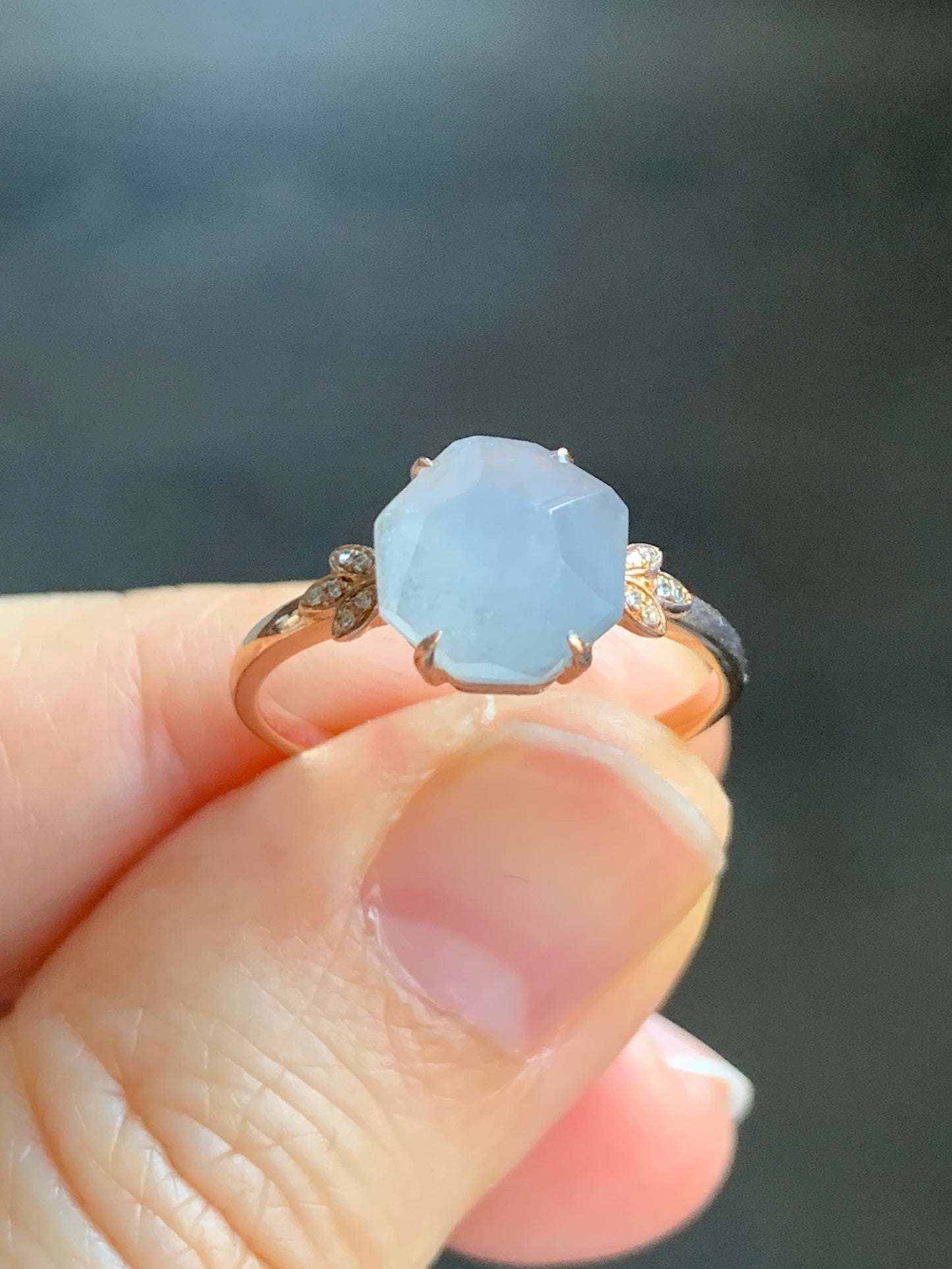 Certified Grade A Natural Icy Translucent Light Purple Jadeite Faceted Cabochon Ring 18K Rose Gold Diamonds Size 7 US 2.26g 天然冰紫翡翠切割面镶嵌钻石戒指