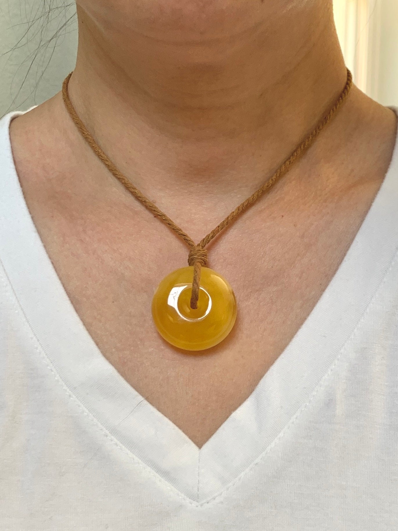 Natural Genuine Beewax Amber Large Ping An Kou Donut Rope Necklace 13g 25” Adjustable HPK550 天然蜜蜡平安扣吊坠怪件