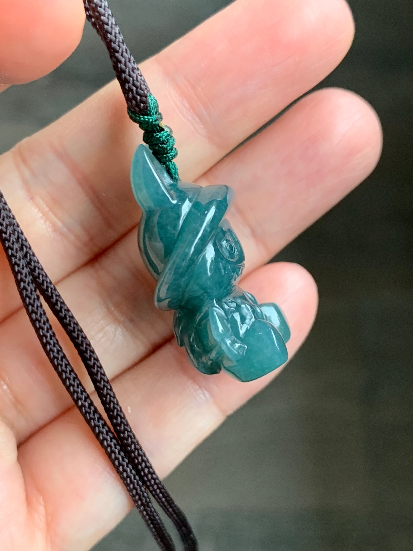 Natural Grade A Guatemalan Icy Translucent Gelatinous Dark Teal Blue Jade Jadeite Carved Labubu Pendant Rope Necklace 26” 天然冰胶危深蓝绿翡翠拉布布吊坠 LBB88