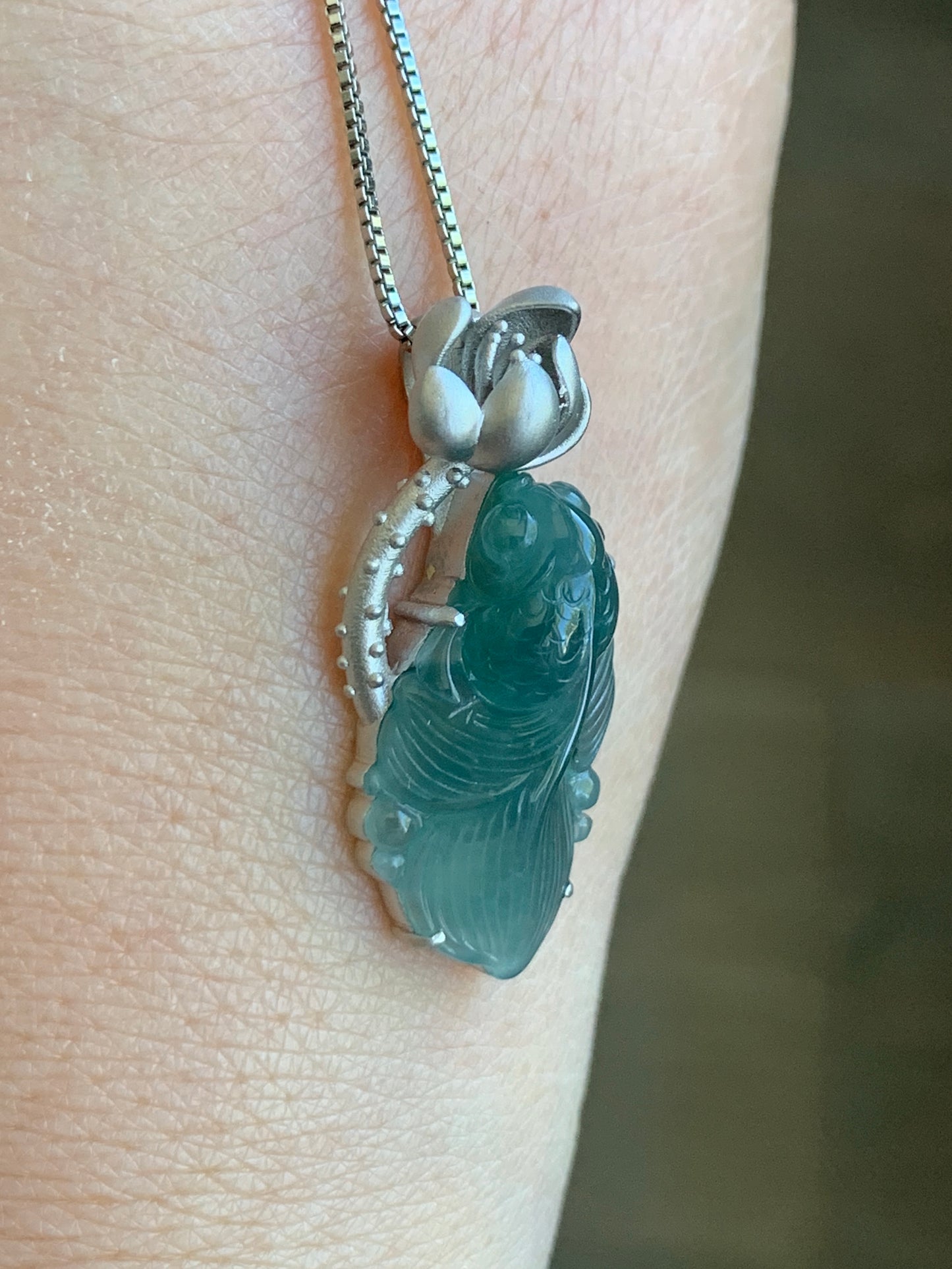 Certified Natural Guatemalan Premium Icy Highly Translucent Dark Teal Blue Jade Jadeite Goldfish Pendant Sterling Silver 天然冰危湖水蓝翡翠金鱼镶嵌吊坠 8618