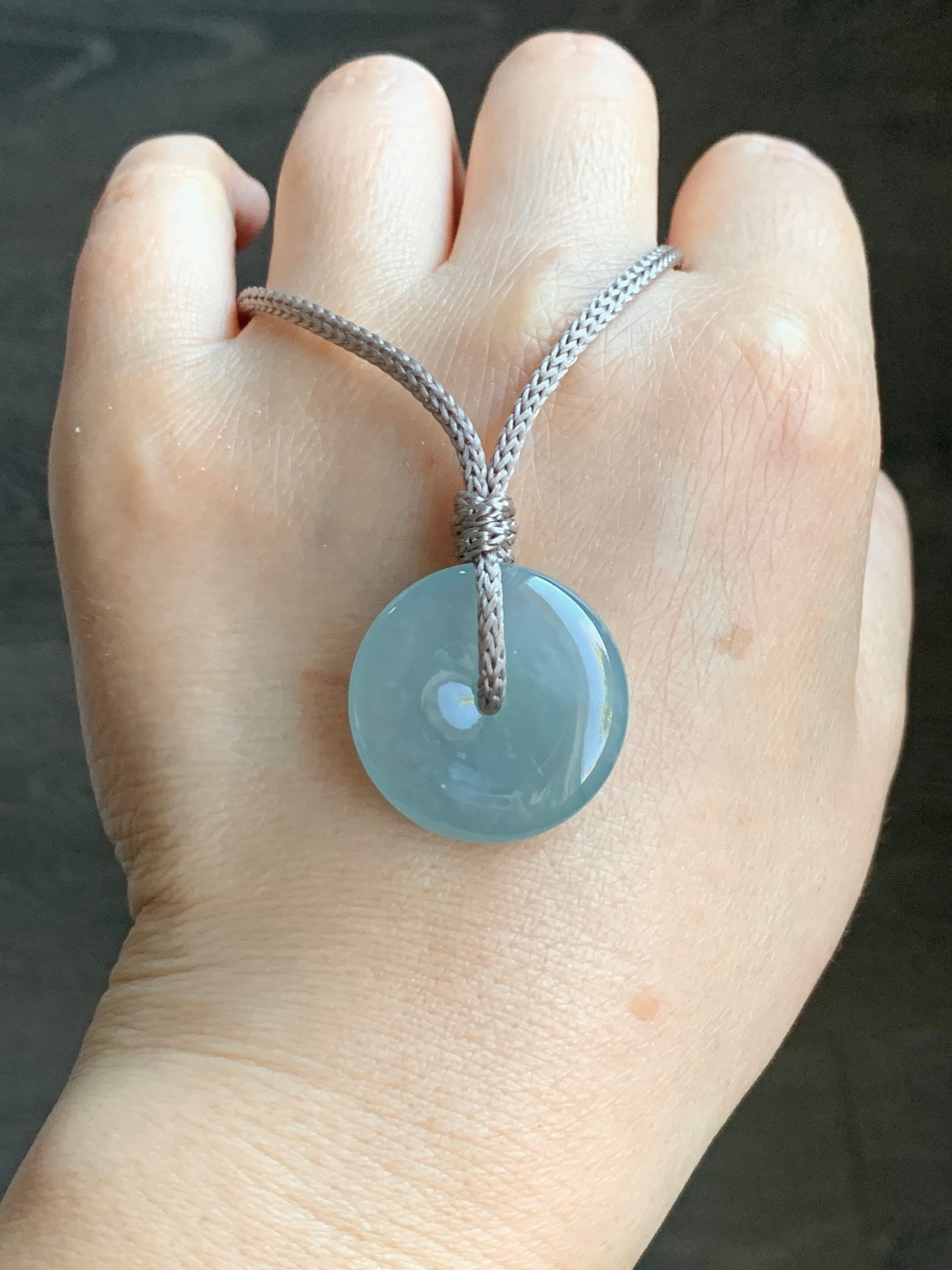 Certified Natural Icy Highly Translucent Premium Light Blue Jadeite Ping An Kou Donut Pendant Rope Necklace Adjustable 24” 天然冰危淡蓝起胶起光翡翠平安扣吊坠 7832