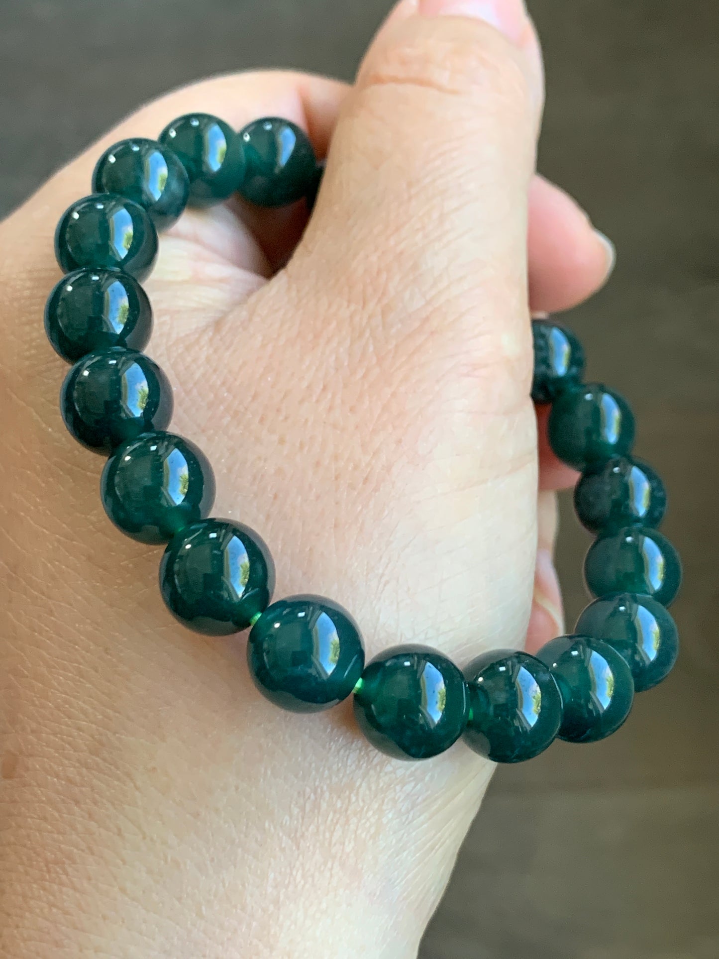 Natural Grade A Icy Translucent Gelatinous Dark Teal Green Jadeite Beaded Bracelet 9.9mm 7.25” 34g WLC300
