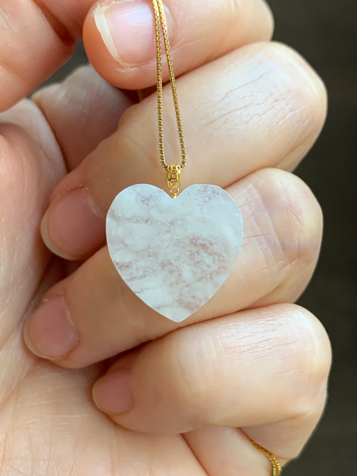 Natural Highly Translucent Icy Jadeite w/ White Marbling Heart Pendant 18K Yellow Gold Bail 17” Cord 天然白冰莫西沙翡翠爱心镶嵌吊坠 Style 1
