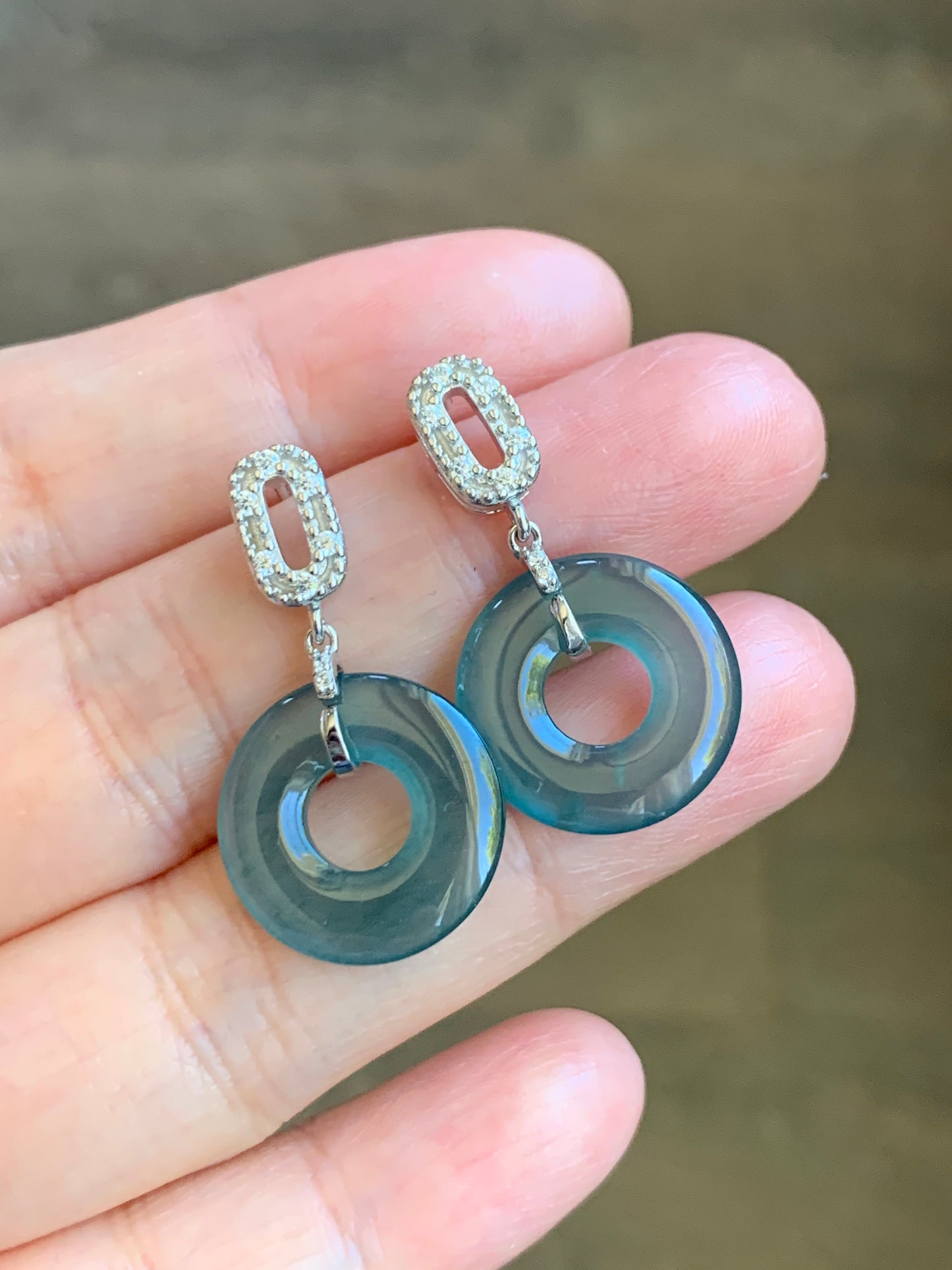 Natural Guatemalan Icy Translucent Dark Teal Blue Jadeite Ping An Kou Donut Stud Earrings Sterling Silver天然冰危深蓝绿翡翠平安扣耳钉