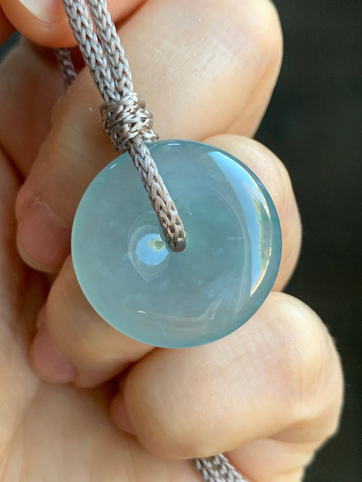 Certified Natural Icy Highly Translucent Premium Light Blue Jadeite Ping An Kou Donut Pendant Rope Necklace Adjustable 24” 天然冰危淡蓝起胶起光翡翠平安扣吊坠 7832