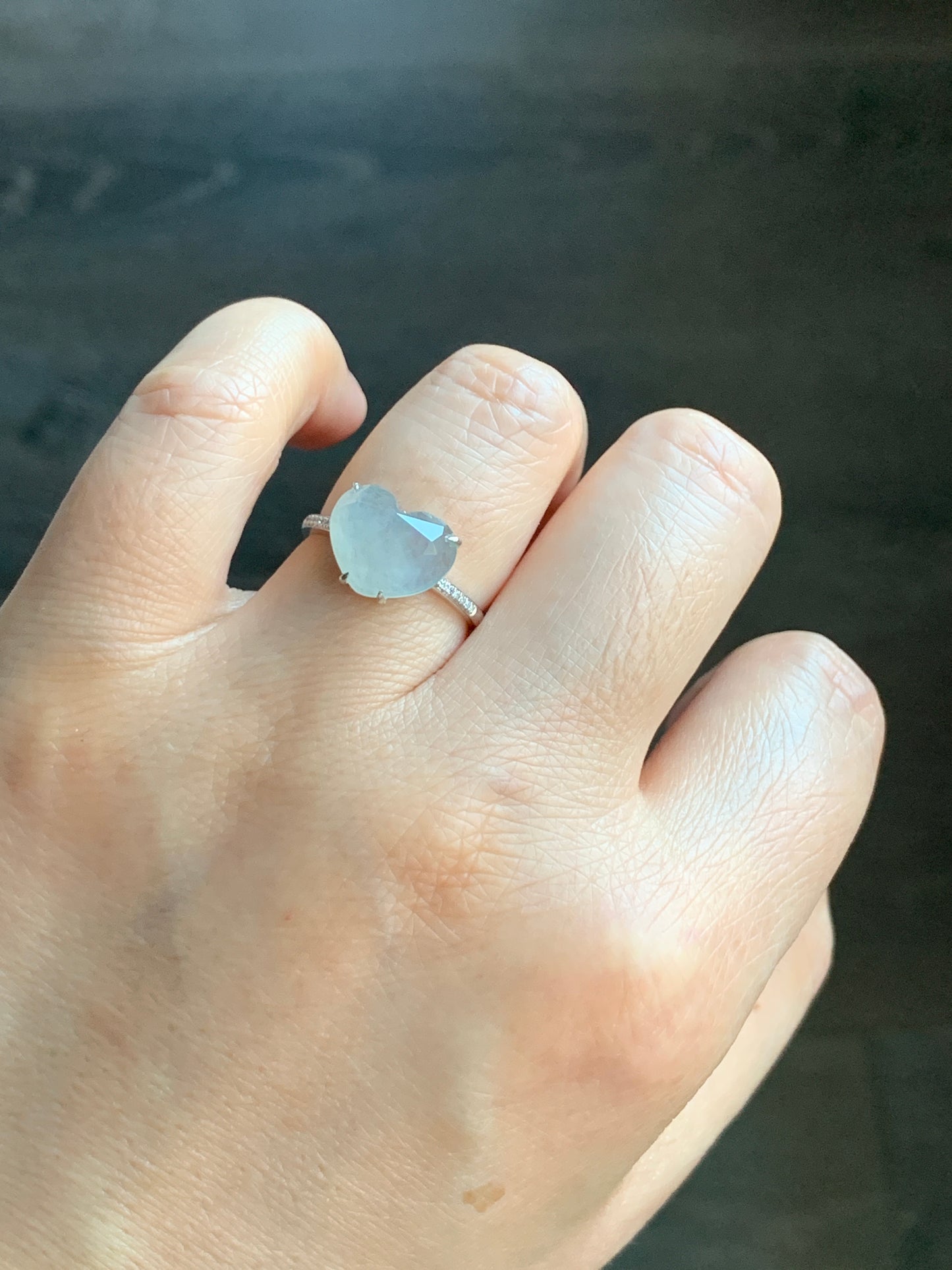Certified Natural Grade A Premium Icy White Jadeite Diamond Faceted Heart Ring Natural Diamonds 18K White Gold Sz 7 天然正冰白水翡翠切割面爱心钻石镶嵌戒指 5665
