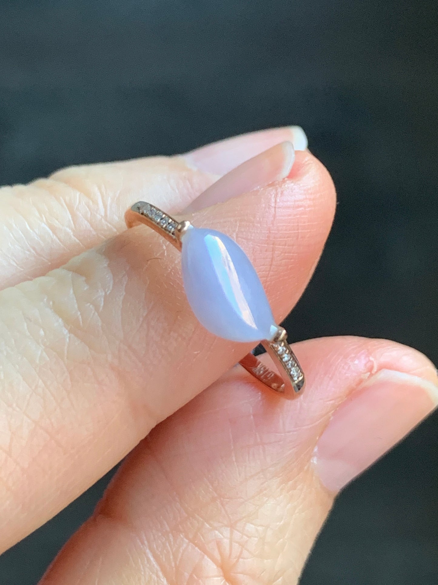 Certified Icy Light Lavender Horse Eye Cut Jadeite Ring 18K Rose Gold with Diamonds Sz 7 US 1.54g 天然冰紫翡翠马眼钻石镶嵌戒指