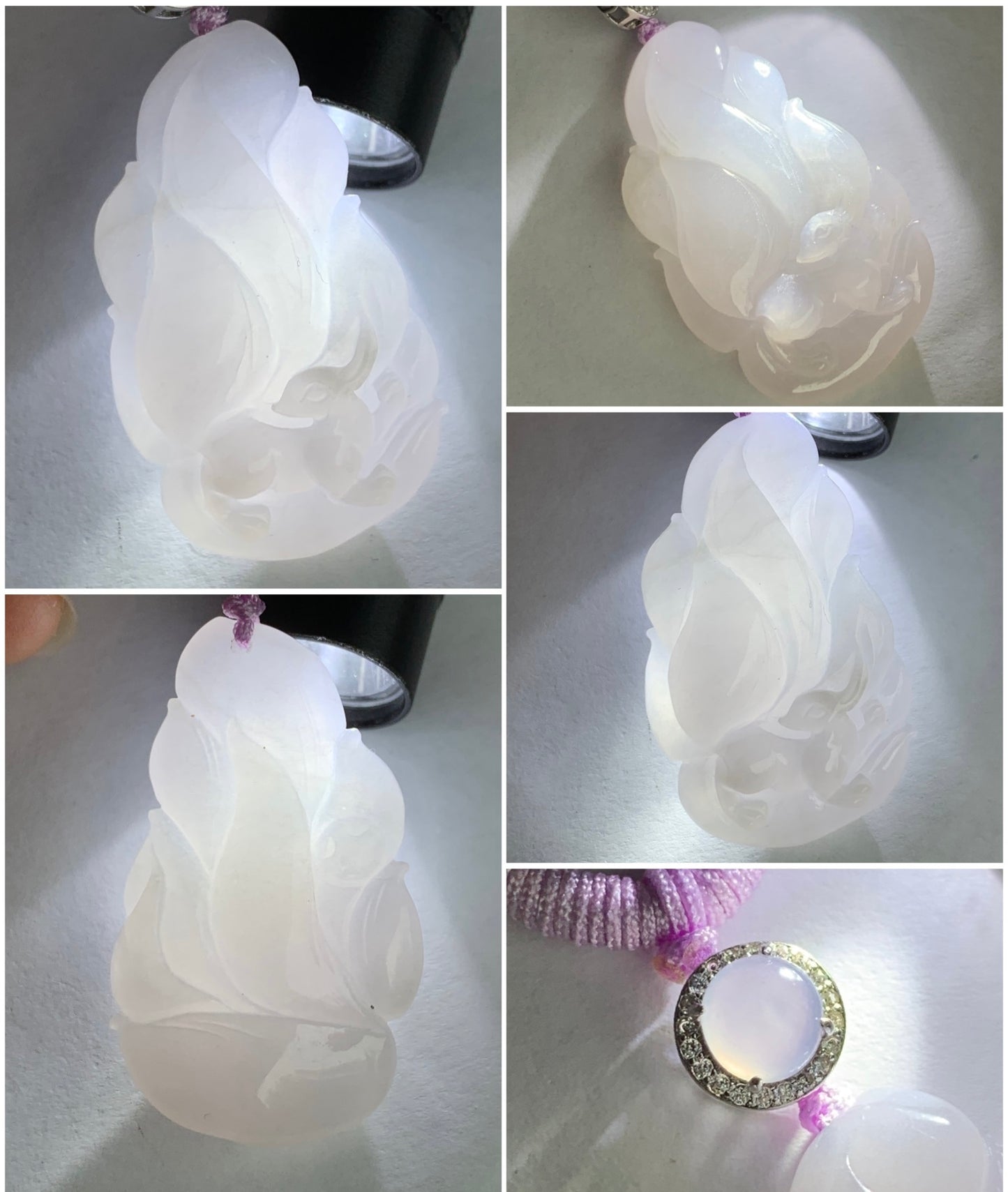 Certified Natural Grade A Icy Translucent Pastel Pinkish Purple Jadeite Carved Nine-Tailed Fox Pendant Rope Necklace 27” 天然冰胶淡粉紫翡翠九尾狐吊坠 3269