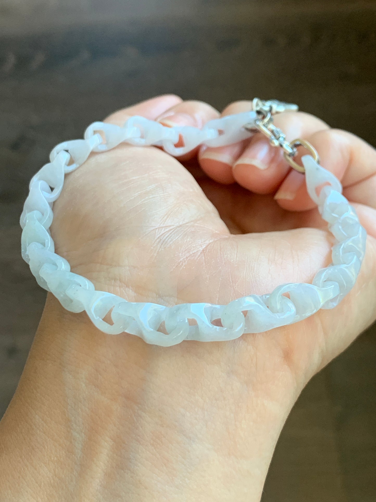 Natural Grade A Icy Translucent White Jade Jadeite Carved Interlocking Dragon Bone Chain Bracelet Sterling Silver Adjustable