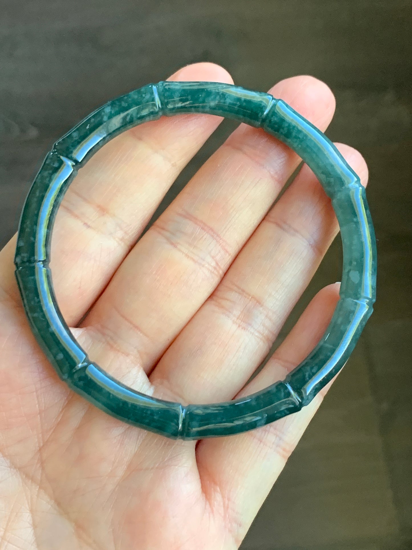 Certified Natural Grade A Icy Translucent Gelatinous Dark Teal Green Jadeite Carved Bamboo Bangle Bracelet 56.6mm 7” 20g 天然冰危深篮绿翡翠竹节手镯 7826
