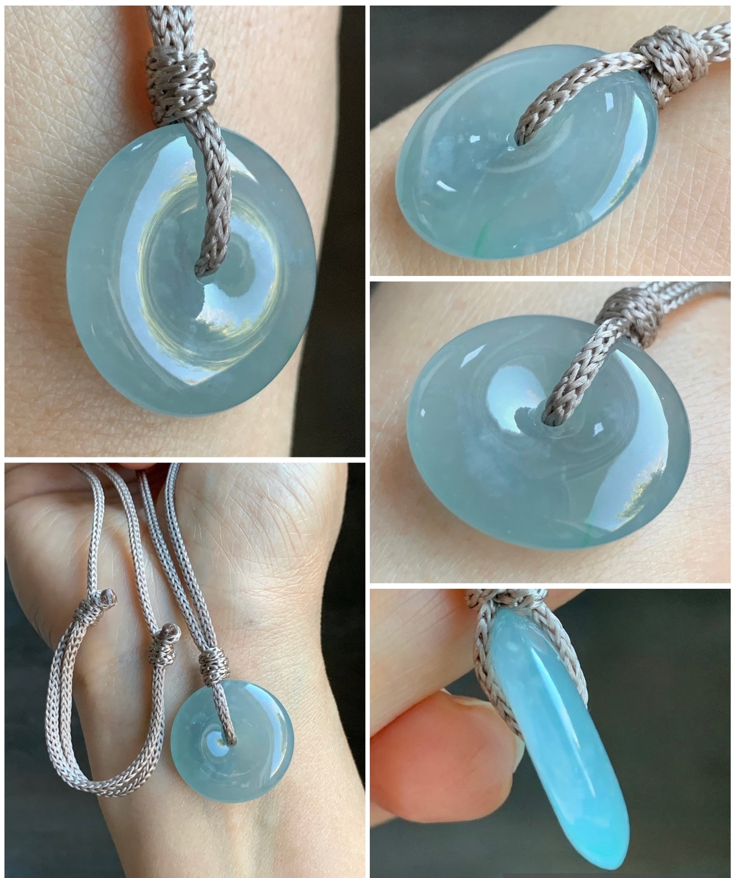 Certified Natural Icy Highly Translucent Premium Light Blue Jadeite Ping An Kou Donut Pendant Rope Necklace Adjustable 24” 天然冰危淡蓝起胶起光翡翠平安扣吊坠 7832