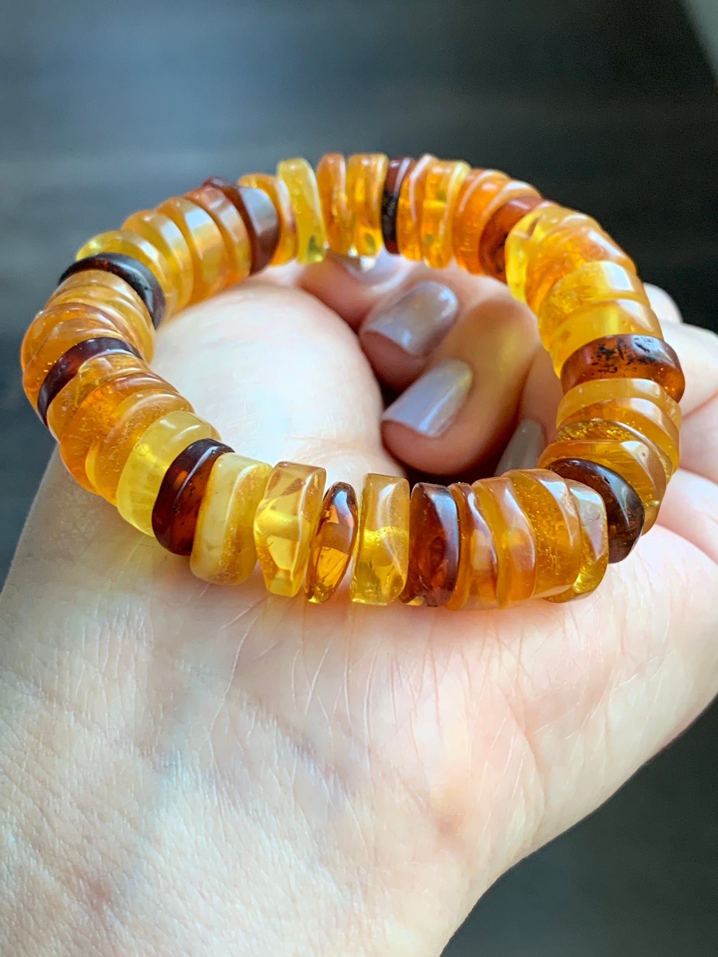 Natural Amber Flat Beads Beaded Bracelet Stretchy AMB1113