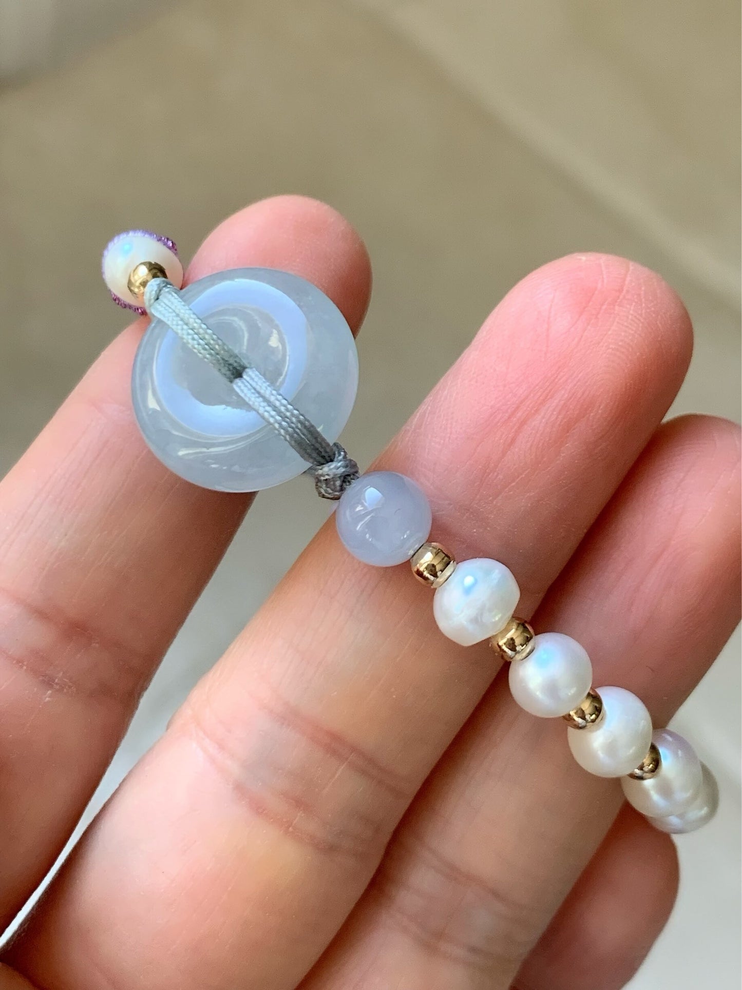 Burmese Natural Icy Translucent Sky Blue Jadeite Ping An Kou Bracelet with Freshwater Pearls adjustable 6-8” 天然缅甸冰蓝底平安扣手绳