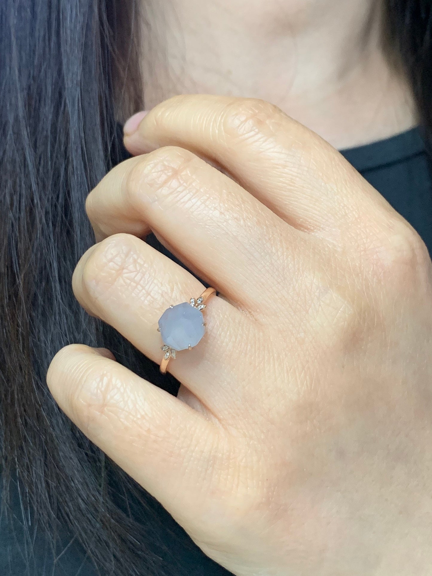 Certified Burmese Icy Translucent Purple Faceted Jadeite Solitaire Ring 18K Rose Gold & Diamond Ring Sz 7 天然缅甸冰紫翡翠切割面镶嵌钻石戒指