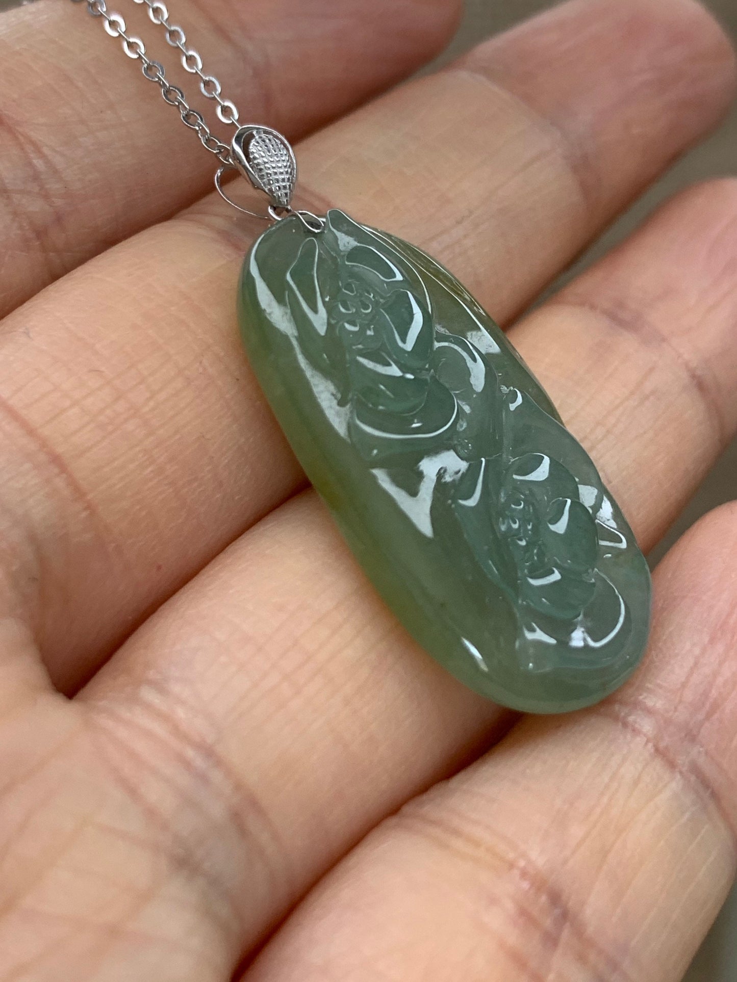 Natural Burmese grade A Icy Translucent Green and Yellow Blended Jadeite Lotus Flowers Pendant with 18K White Gold Bail 天然缅甸翡翠正冰双莲花镶嵌吊坠