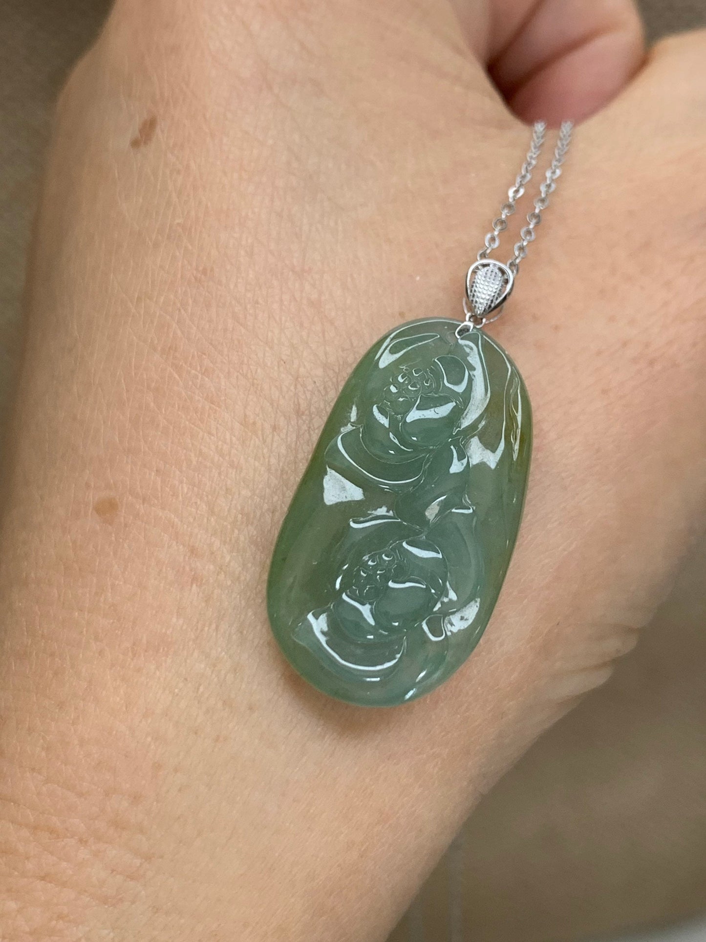 Natural Burmese grade A Icy Translucent Green and Yellow Blended Jadeite Lotus Flowers Pendant with 18K White Gold Bail 天然缅甸翡翠正冰双莲花镶嵌吊坠