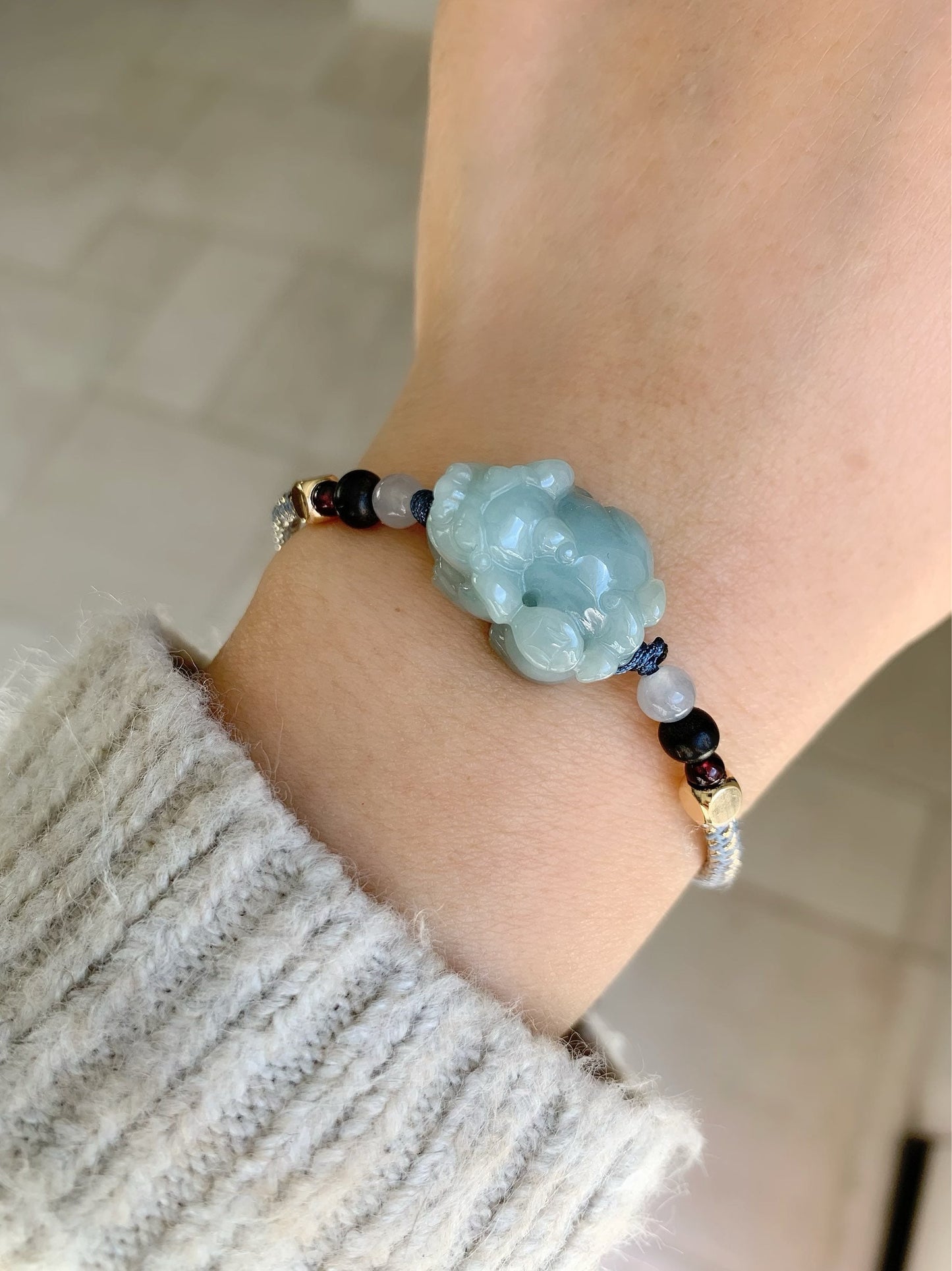 Jadeite Pixiu Multi-gem Bracelet Natural Burmese Icy Blue Jadeite Carved Male Pixiu Rope Bracelet Adjustable 5.75-7.5” 天然缅甸糯冰蓝底貔貅多宝手绳