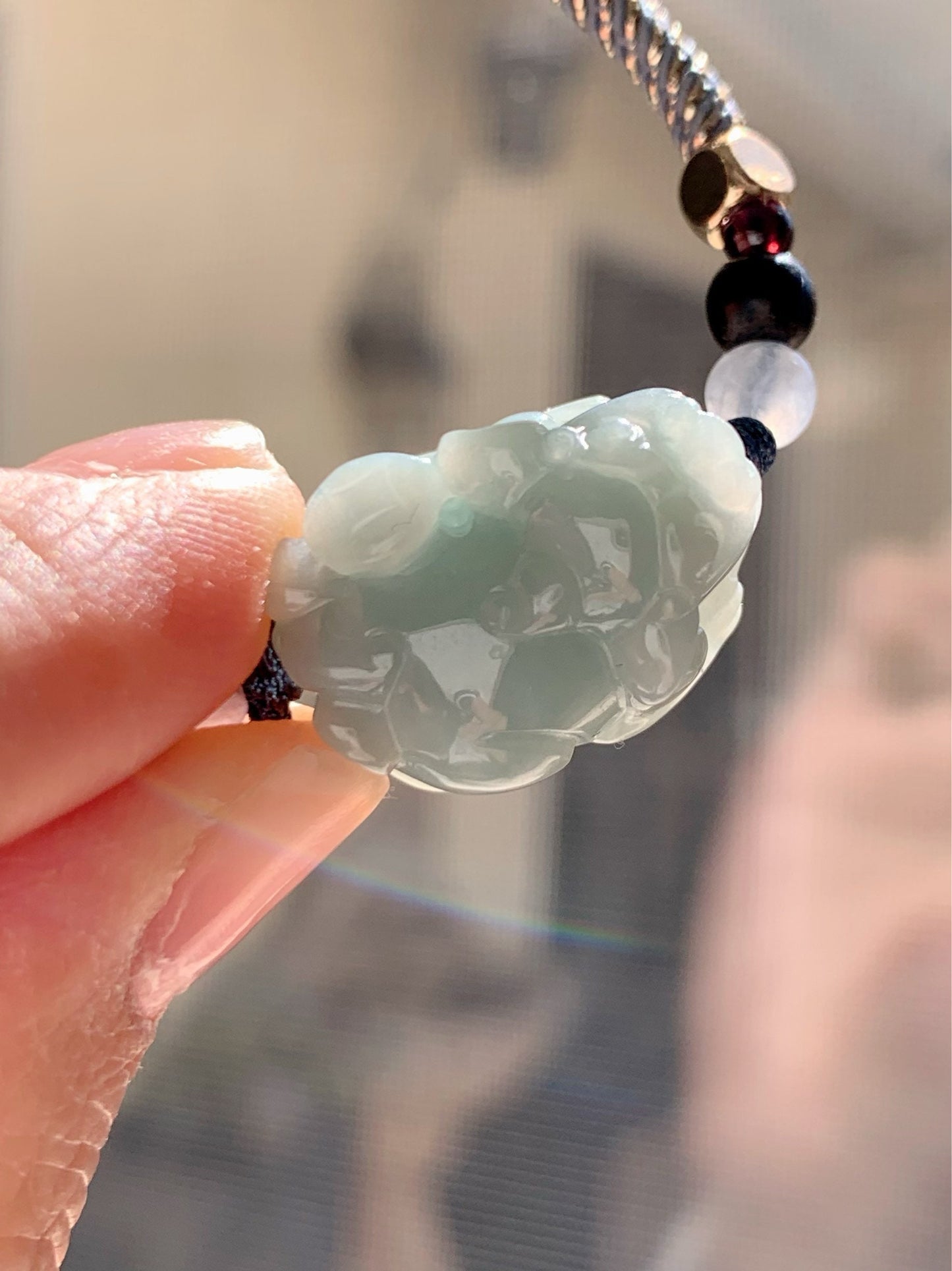 Jadeite Pixiu Multi-gem Bracelet Natural Burmese Icy Blue Jadeite Carved Male Pixiu Rope Bracelet Adjustable 5.75-7.5” 天然缅甸糯冰蓝底貔貅多宝手绳
