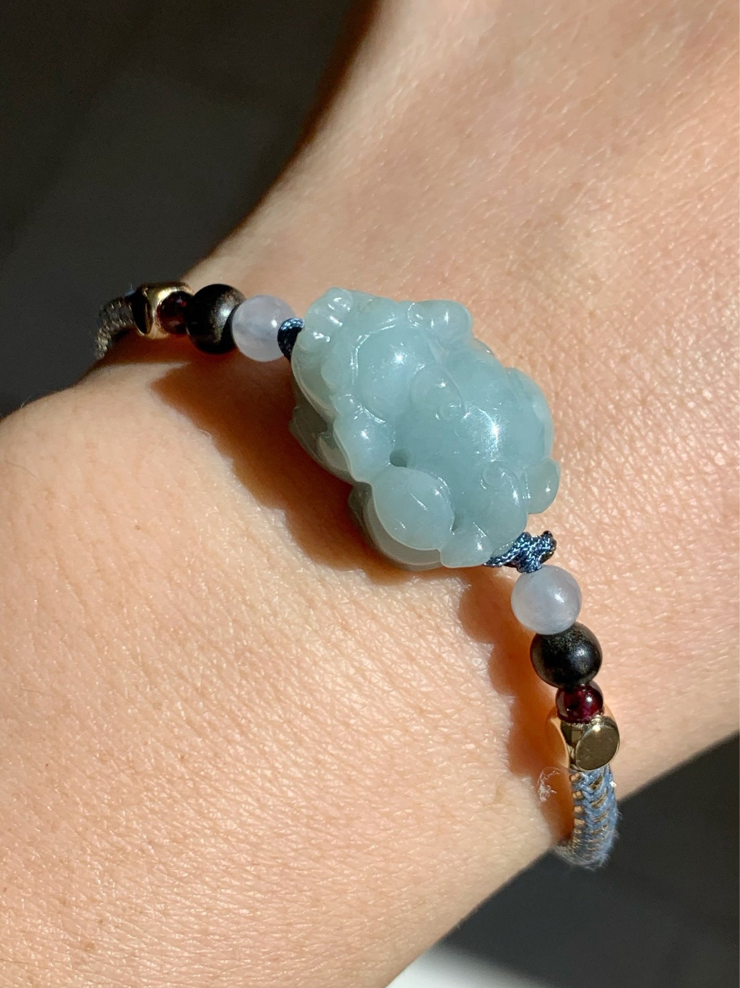 Jadeite Pixiu Multi-gem Bracelet Natural Burmese Icy Blue Jadeite Carved Male Pixiu Rope Bracelet Adjustable 5.75-7.5” 天然缅甸糯冰蓝底貔貅多宝手绳