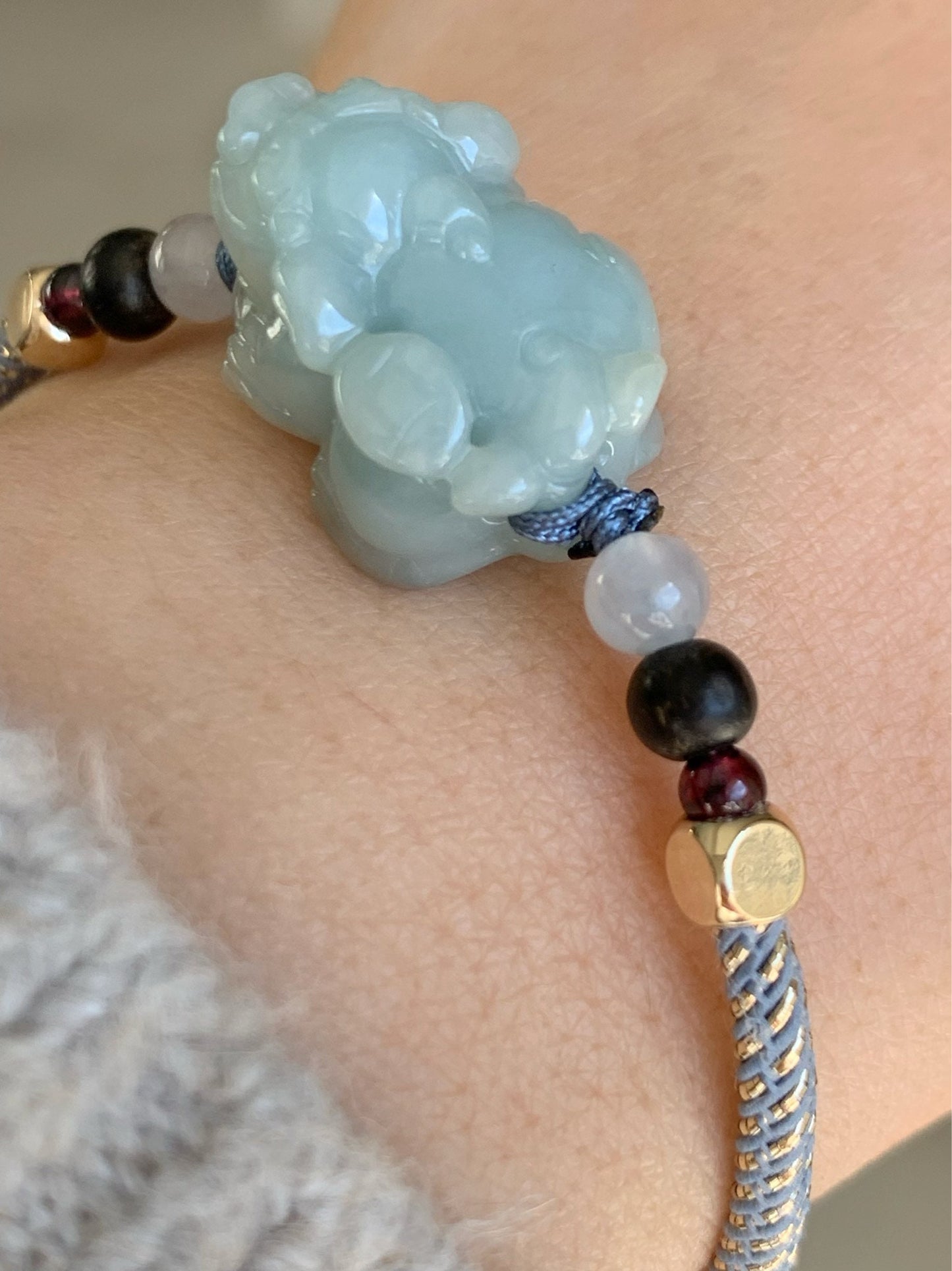 Jadeite Pixiu Multi-gem Bracelet Natural Burmese Icy Blue Jadeite Carved Male Pixiu Rope Bracelet Adjustable 5.75-7.5” 天然缅甸糯冰蓝底貔貅多宝手绳