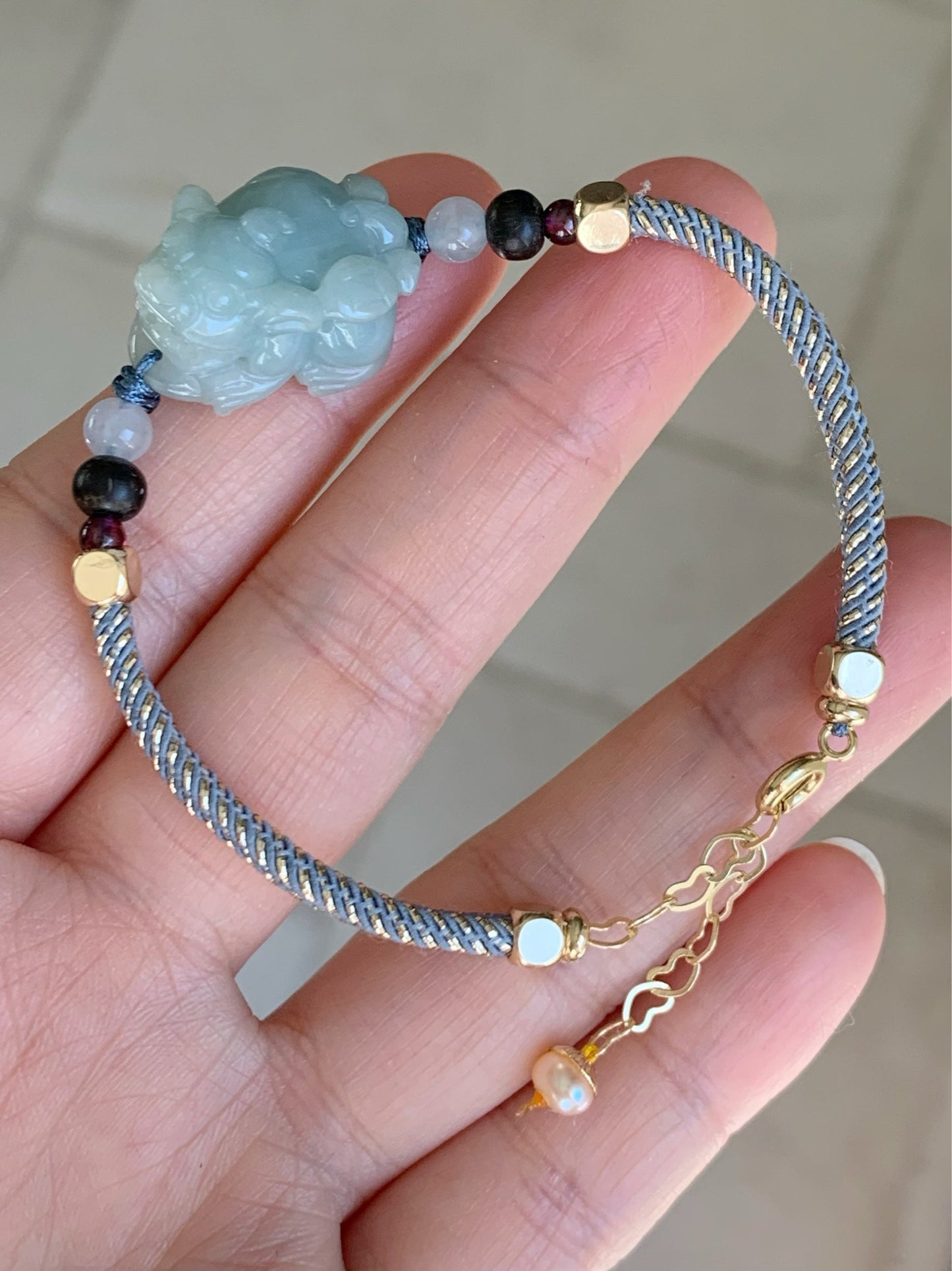 Jadeite Pixiu Multi-gem Bracelet Natural Burmese Icy Blue Jadeite Carved Male Pixiu Rope Bracelet Adjustable 5.75-7.5” 天然缅甸糯冰蓝底貔貅多宝手绳