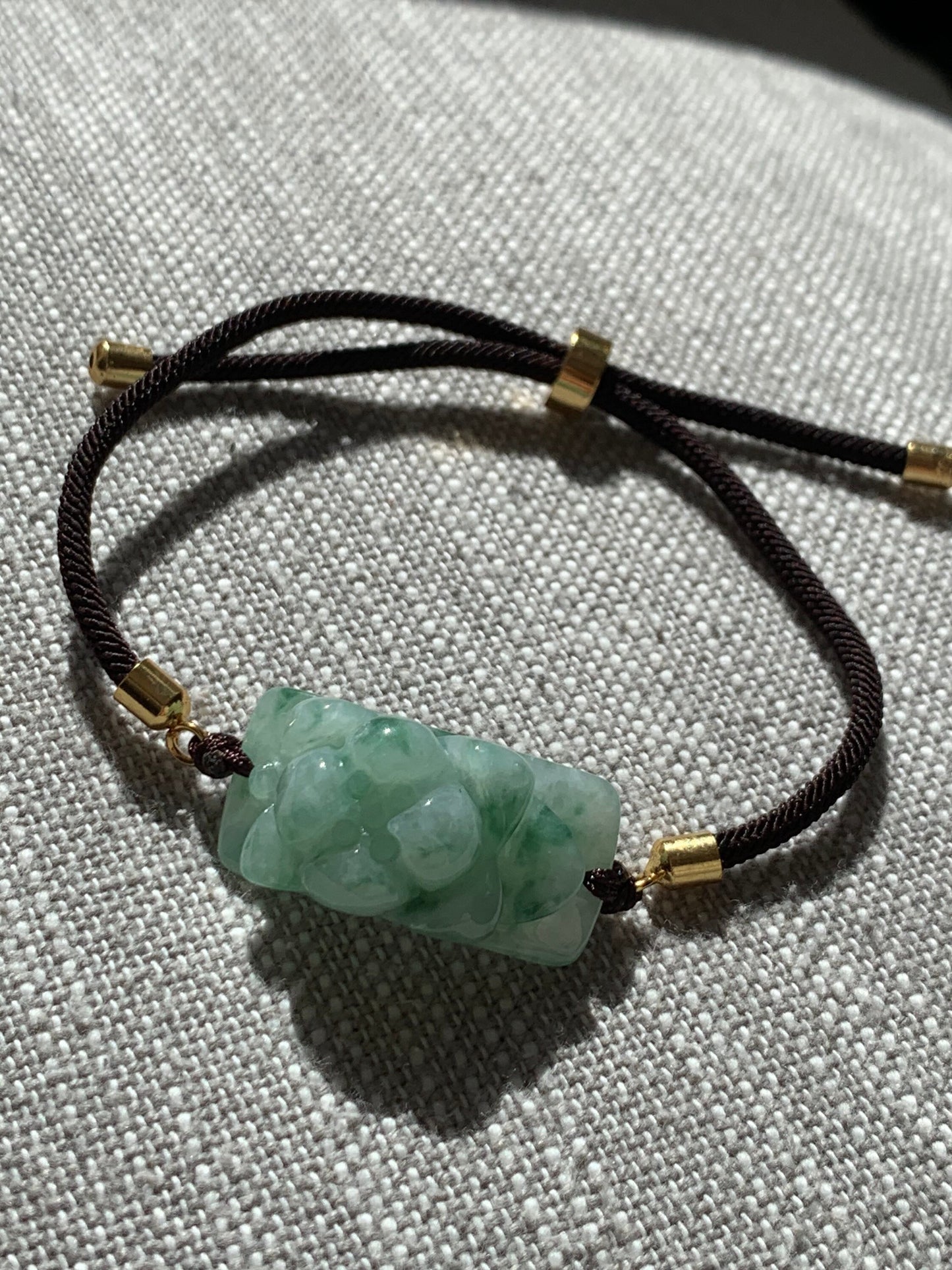 Natural Burmese Icy Translucent Light Green with Green Marbling Jadeite Lotus Flower Bracelet Adjustable up to 10” 天然缅甸翡翠晴底飘绿花莲花手牌
