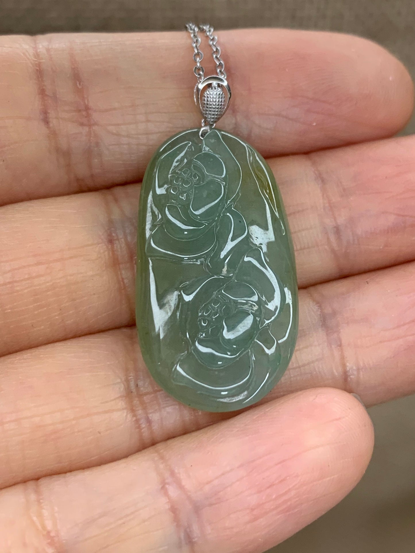 Natural Burmese grade A Icy Translucent Green and Yellow Blended Jadeite Lotus Flowers Pendant with 18K White Gold Bail 天然缅甸翡翠正冰双莲花镶嵌吊坠