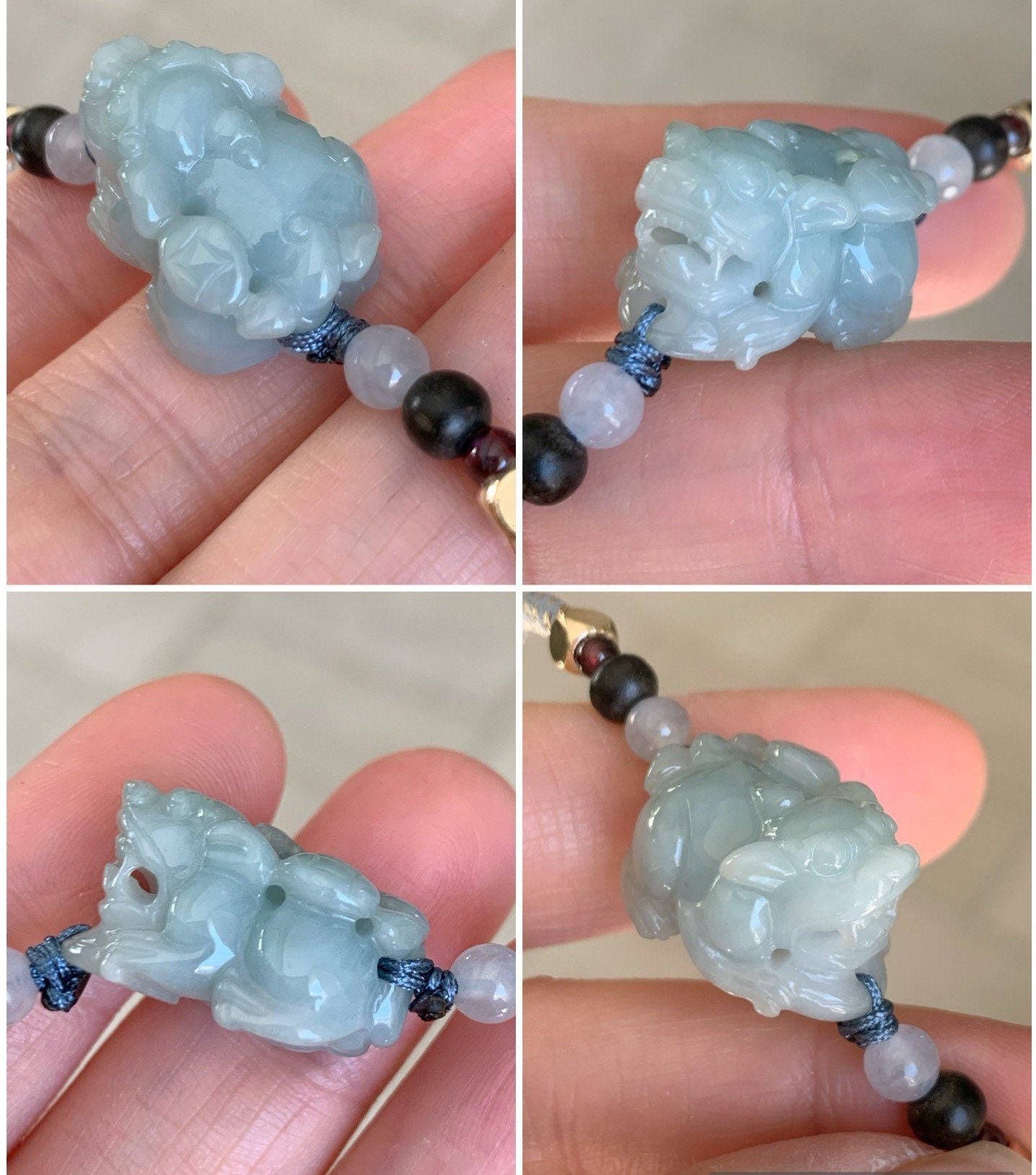 Jadeite Pixiu Multi-gem Bracelet Natural Burmese Icy Blue Jadeite Carved Male Pixiu Rope Bracelet Adjustable 5.75-7.5” 天然缅甸糯冰蓝底貔貅多宝手绳