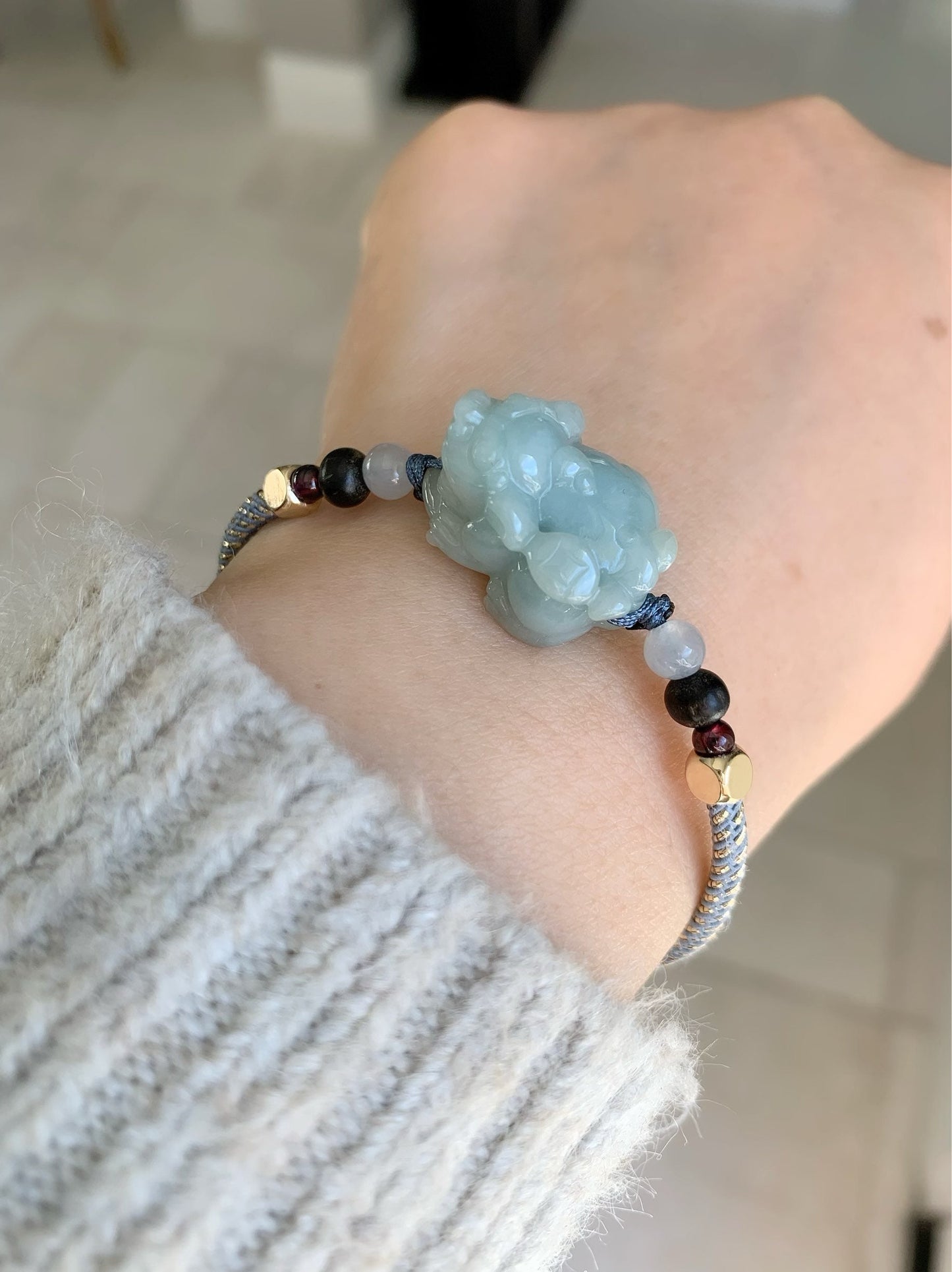 Jadeite Pixiu Multi-gem Bracelet Natural Burmese Icy Blue Jadeite Carved Male Pixiu Rope Bracelet Adjustable 5.75-7.5” 天然缅甸糯冰蓝底貔貅多宝手绳